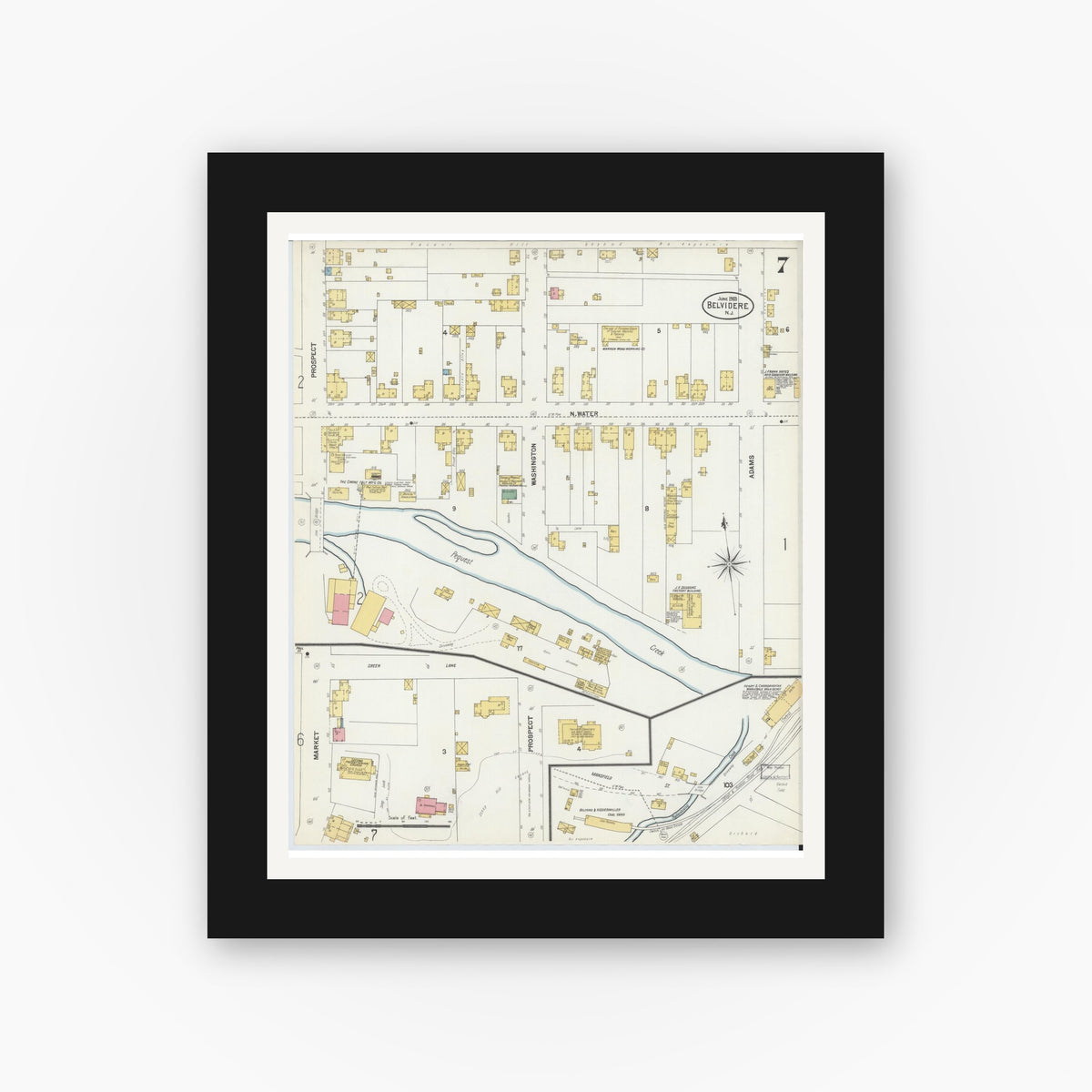Old map wall art mockup — black gallery frame with white mat — Sanborn Fire Insurance Map from Belvidere, Warren County, New Jersey (1903), Sheet #0007