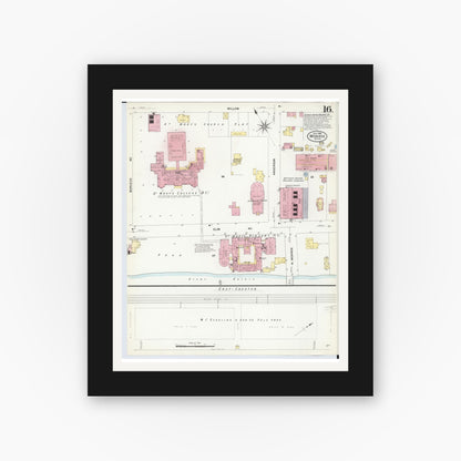 Old map wall art mockup — black gallery frame with white mat — Sanborn Fire Insurance Map from Monroe, Monroe County, Michigan (1908), Sheet #0016