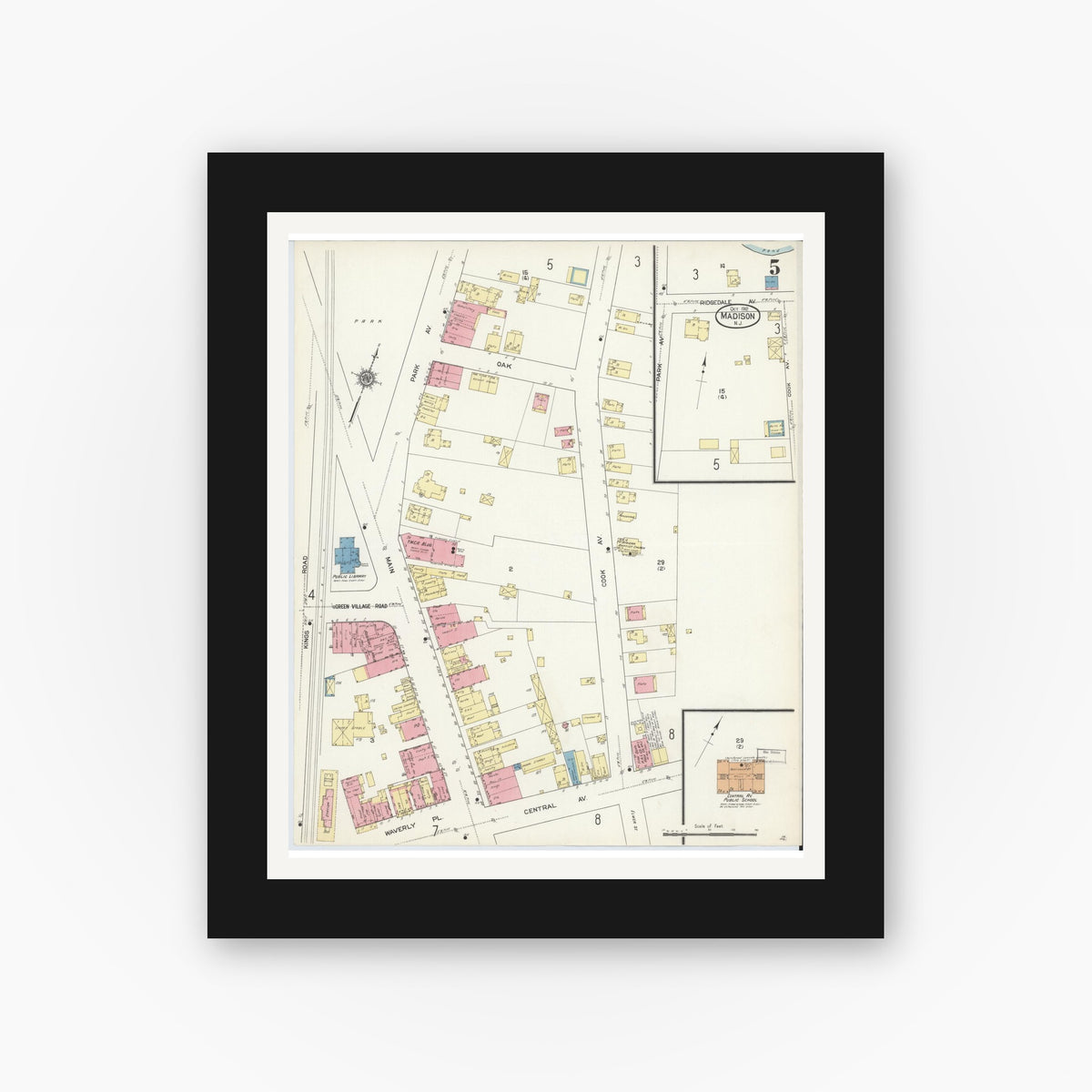 Old map wall art mockup — black gallery frame with white mat — Sanborn Fire Insurance Map from Madison, Morris County, New Jersey (1912), Sheet #0005