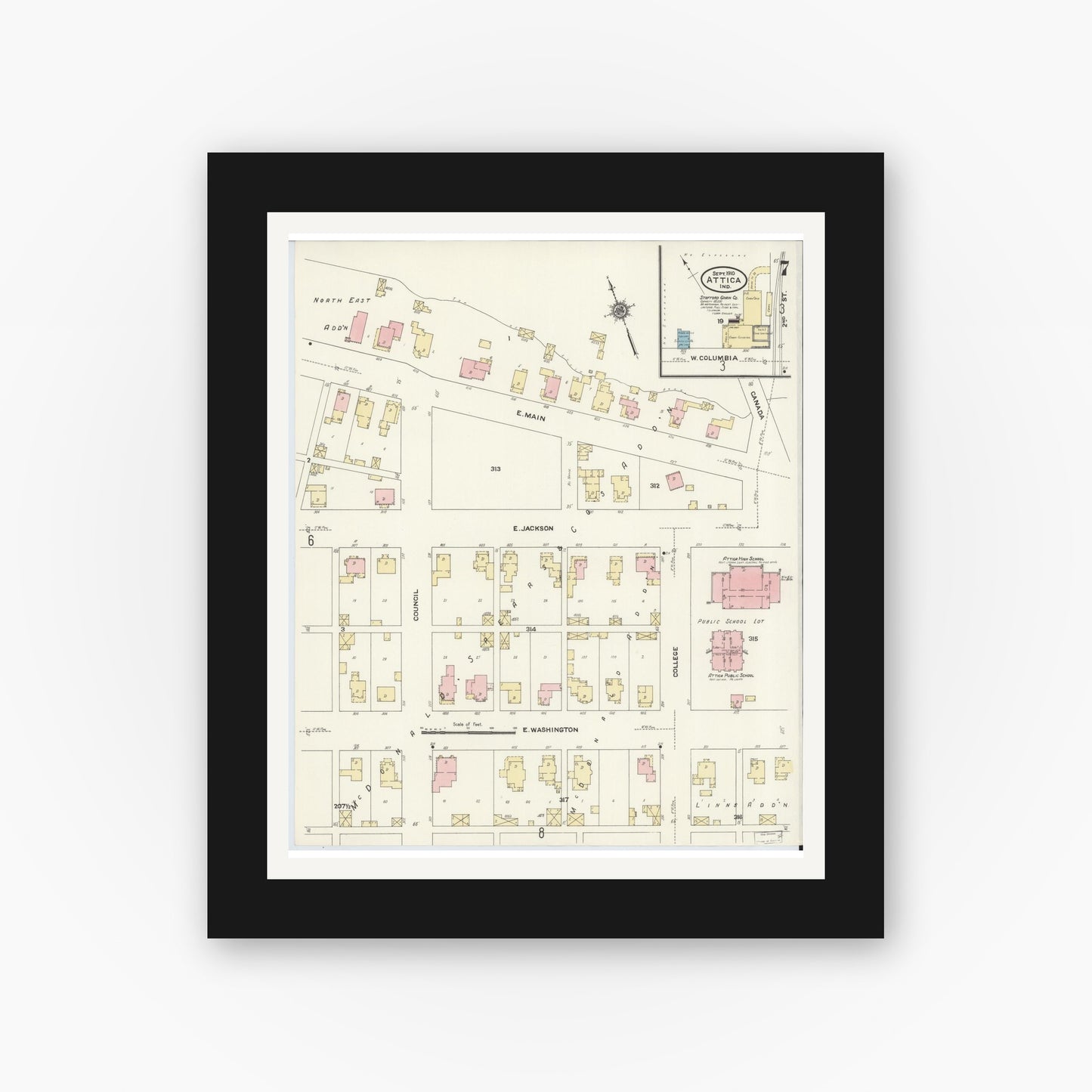 Old map wall art mockup — black gallery frame with white mat — Sanborn Fire Insurance Map from Attica, Fountain County, Indiana (1910), Sheet #0007