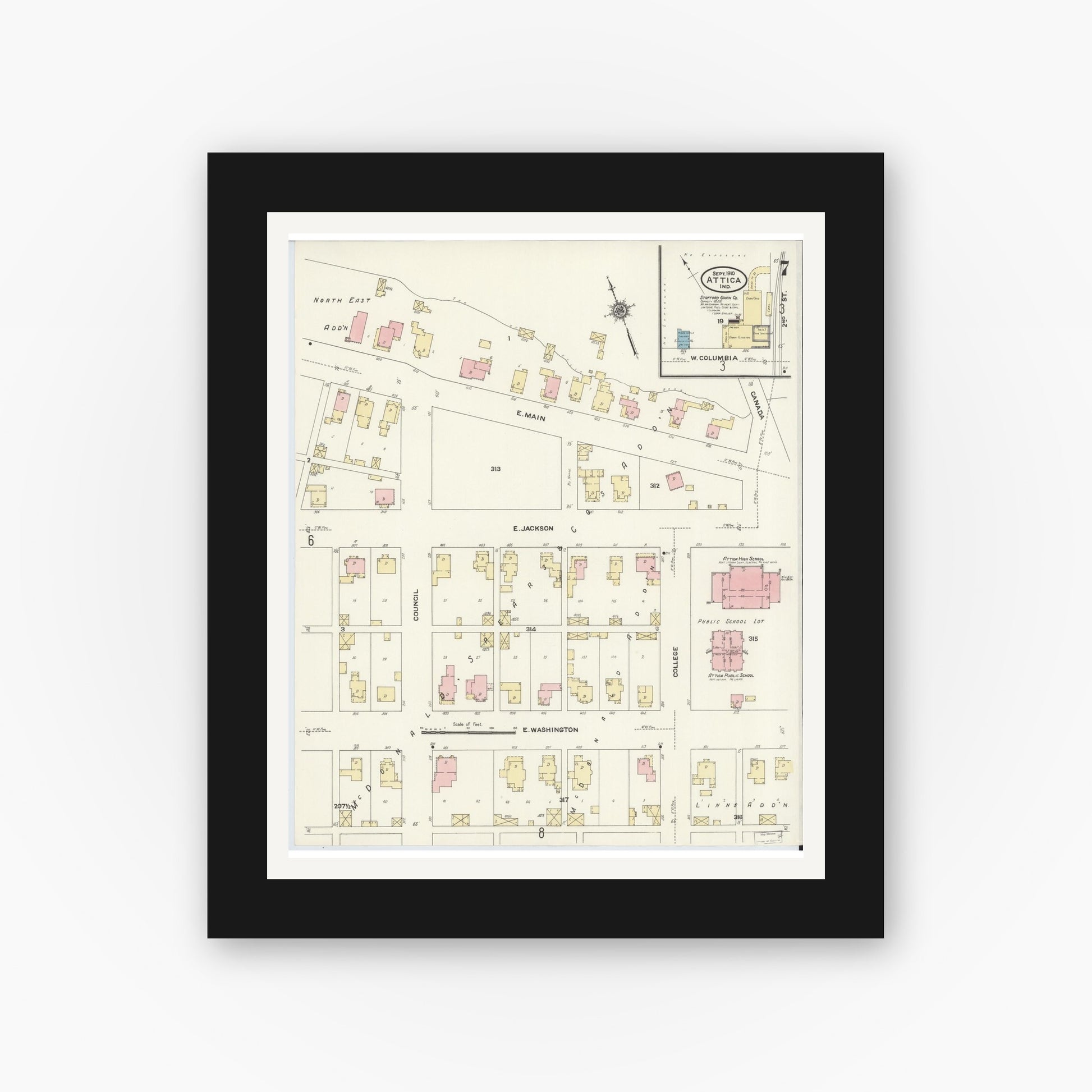 Old map wall art mockup — black gallery frame with white mat — Sanborn Fire Insurance Map from Attica, Fountain County, Indiana (1910), Sheet #0007