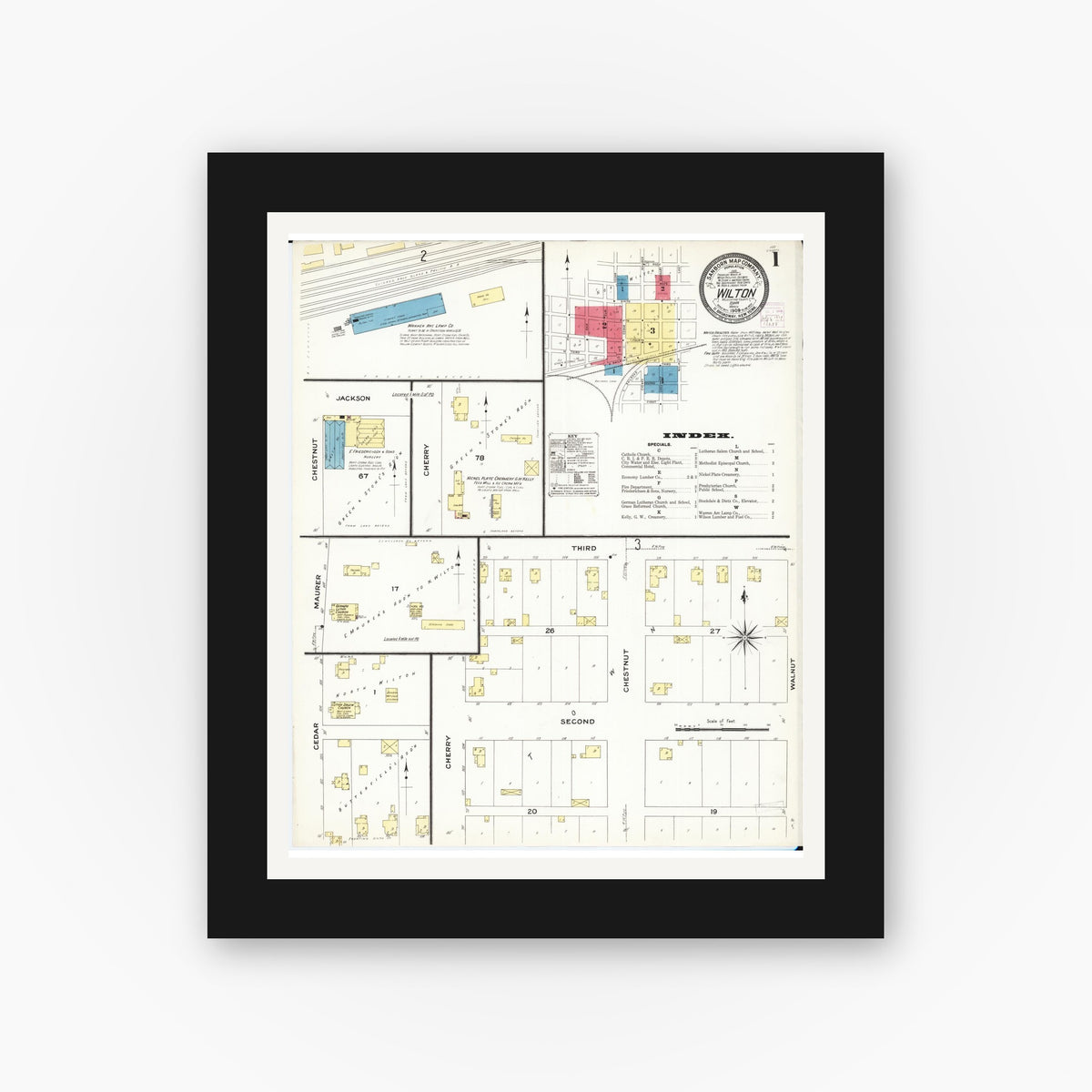Old map wall art mockup — black gallery frame with white mat — Sanborn Fire Insurance Map from Wilton Junction, Muscatine County, Iowa (1909) â€” Complete Set