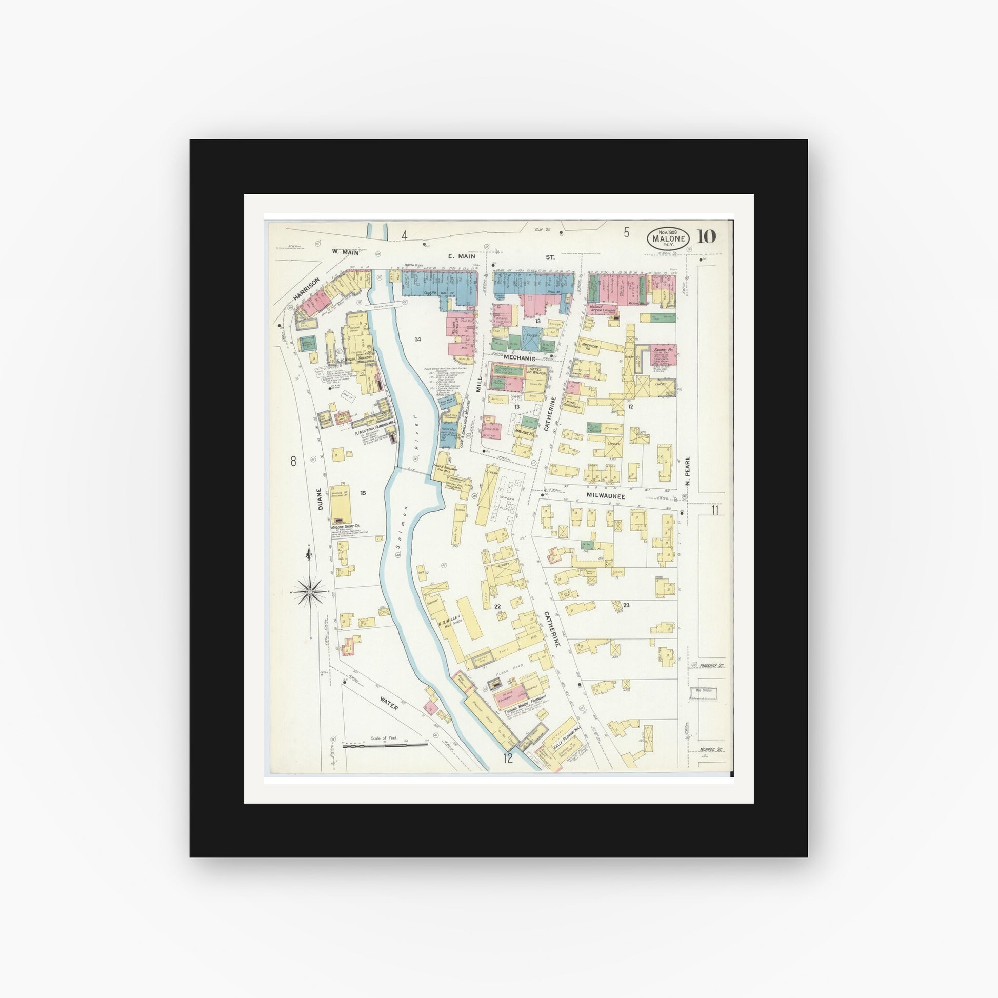 Old map wall art mockup — black gallery frame with white mat — Sanborn Fire Insurance Map from Malone, Franklin County, New York (1908), Sheet #0010
