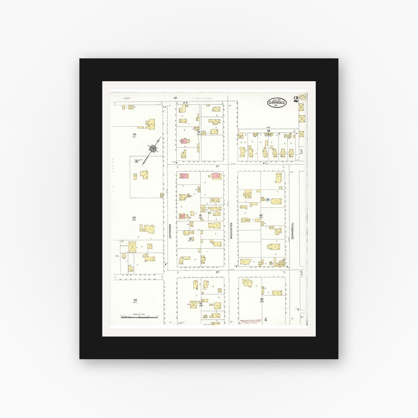 Old map wall art mockup — black gallery frame with white mat — Sanborn Fire Insurance Map from Cloverdale, Sonoma County, California (1911), Sheet #0002