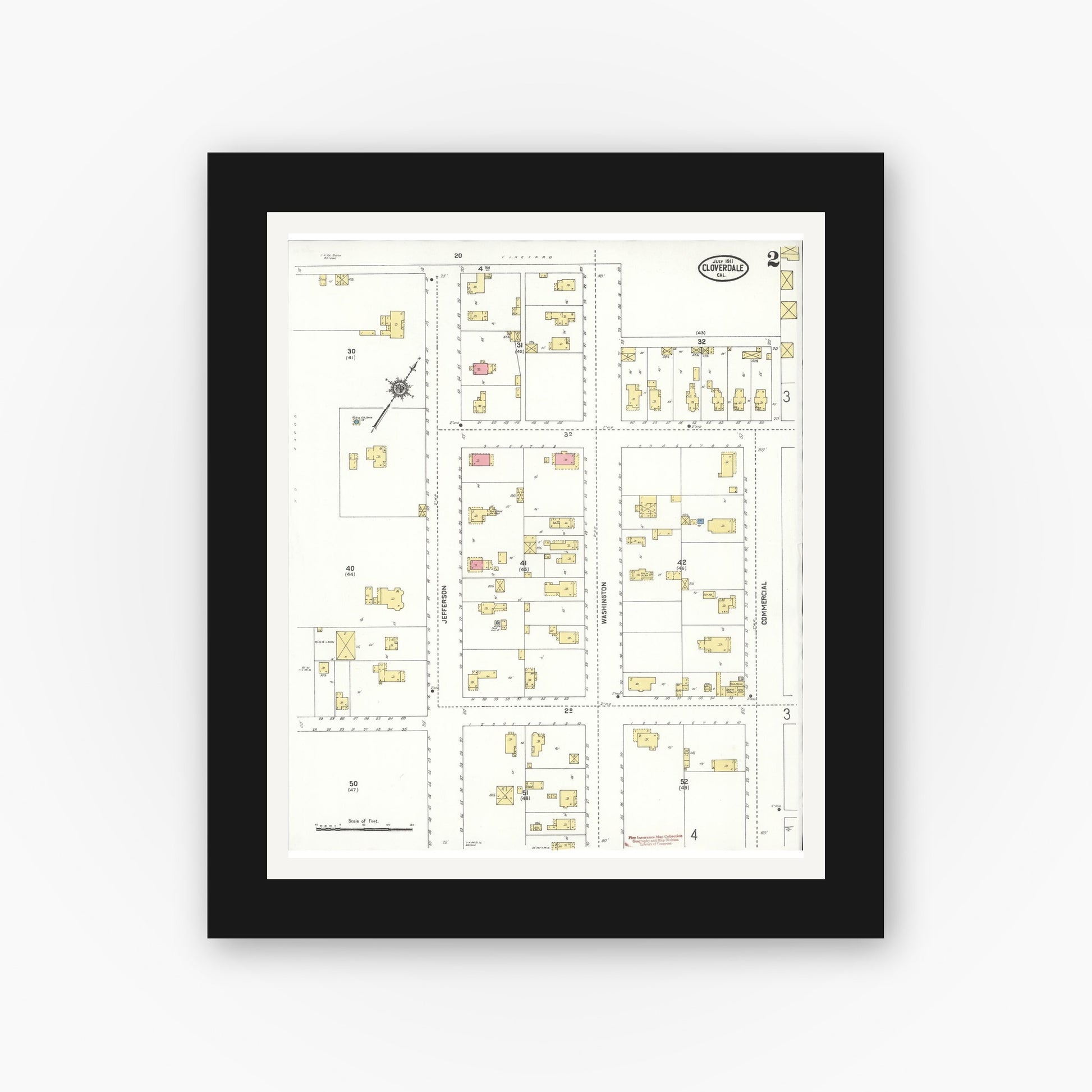 Old map wall art mockup — black gallery frame with white mat — Sanborn Fire Insurance Map from Cloverdale, Sonoma County, California (1911), Sheet #0002