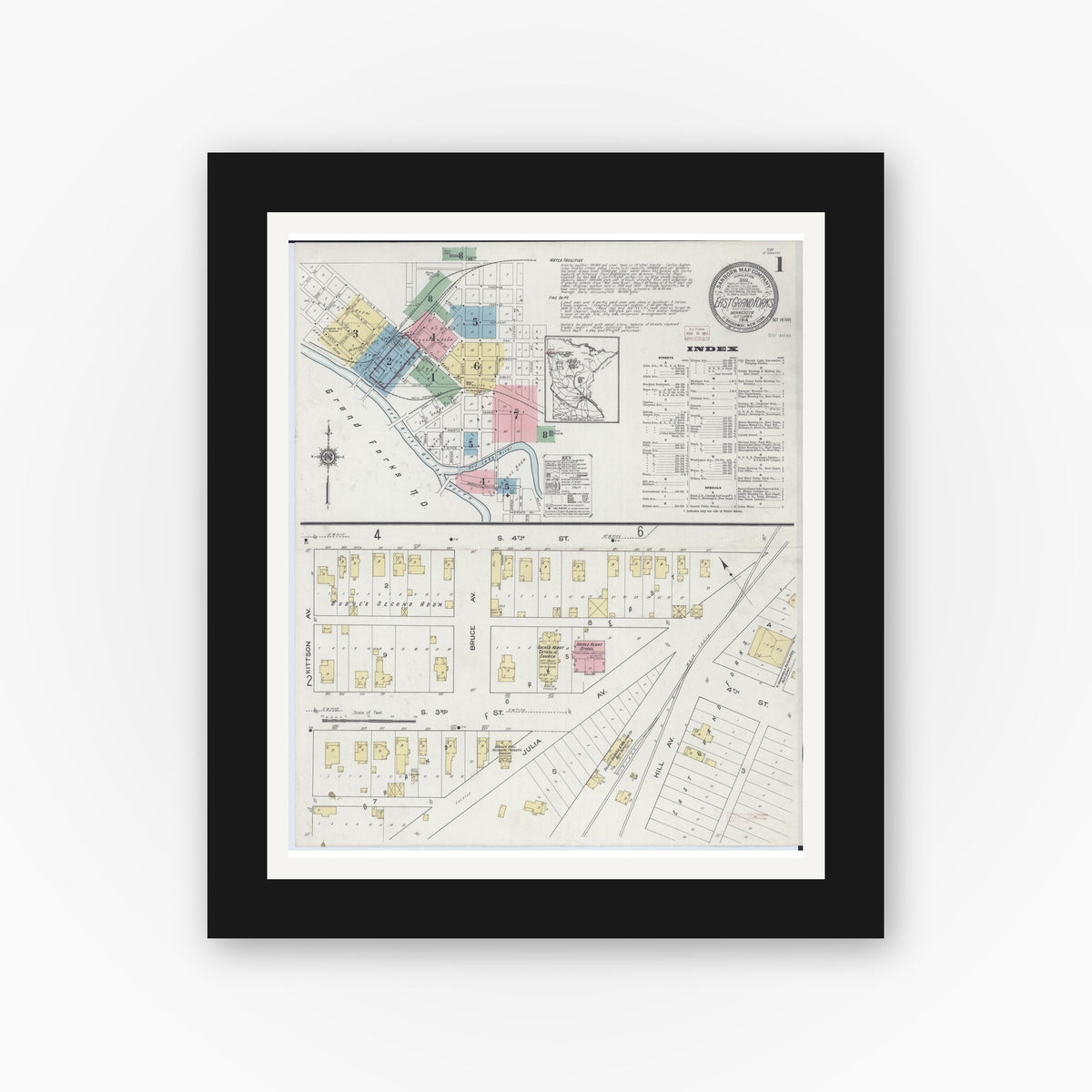 Old map wall art mockup — black gallery frame with white mat — Sanborn Fire Insurance Map from East Grand Forks, Polk County, Minnesota (1914) - Complete Map Set