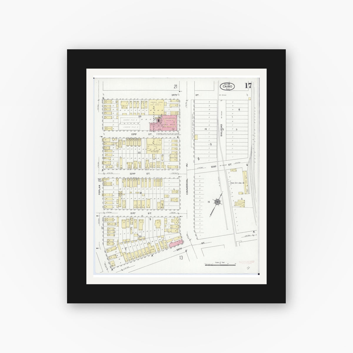 Old map wall art mockup — black gallery frame with white mat — Sanborn Fire Insurance Map from Cairo, Alexander County, Illinois (1914), Sheet #0017