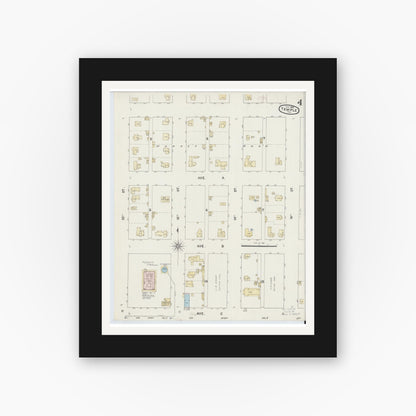 Old map wall art mockup — black gallery frame with white mat — Sanborn Fire Insurance Map from Temple, Bell County, Texas (1888), Sheet #0004