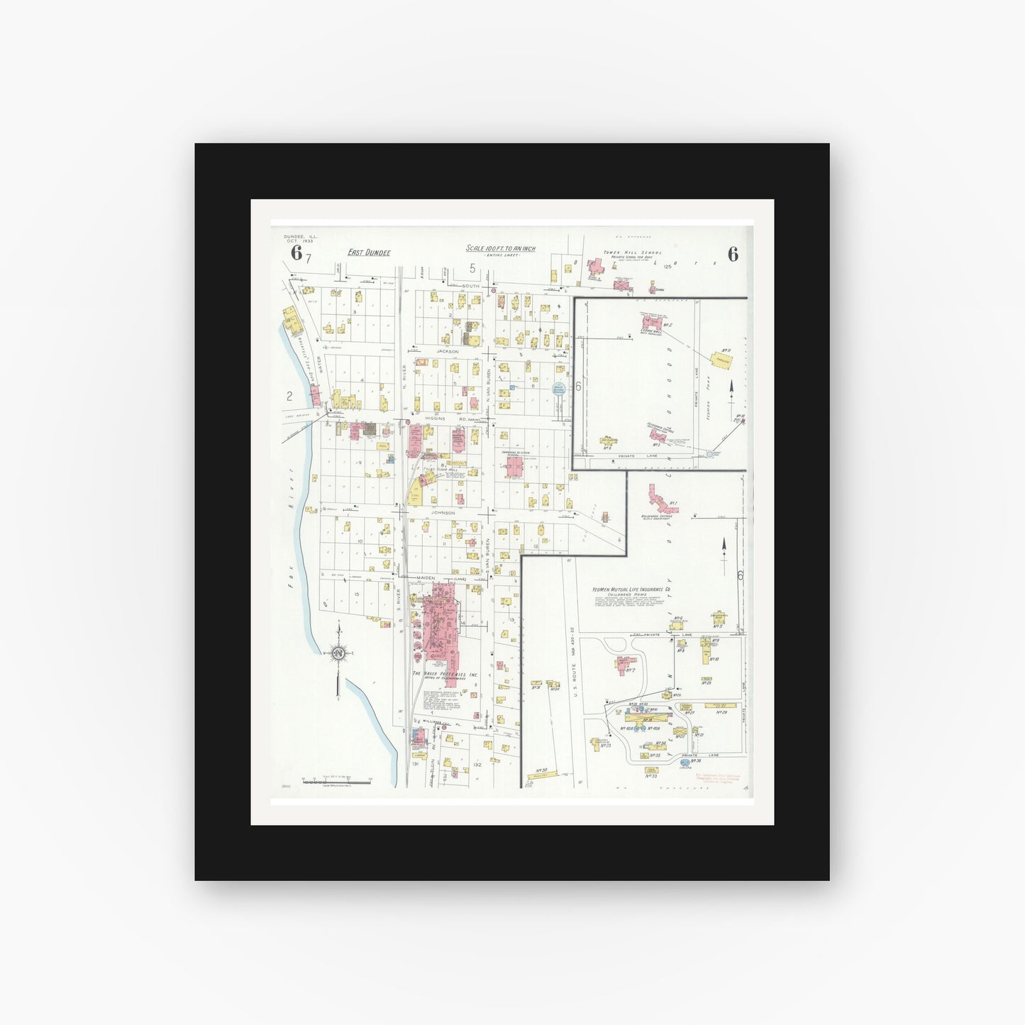 Old map wall art mockup — black gallery frame with white mat — Sanborn Fire Insurance Map from Dundee, Kane County, Illinois (1933), Sheet #0006