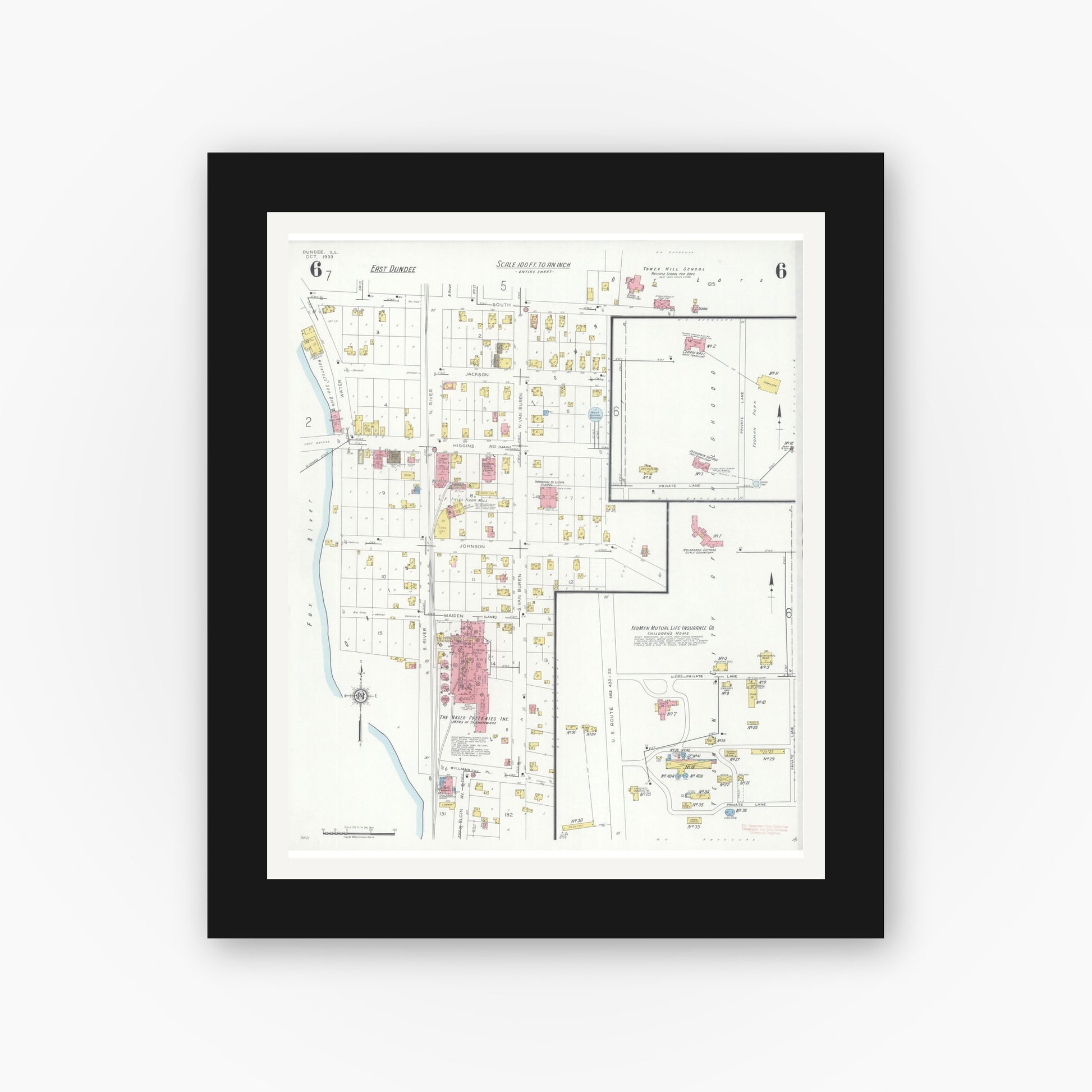Old map wall art mockup — black gallery frame with white mat — Sanborn Fire Insurance Map from Dundee, Kane County, Illinois (1933), Sheet #0006