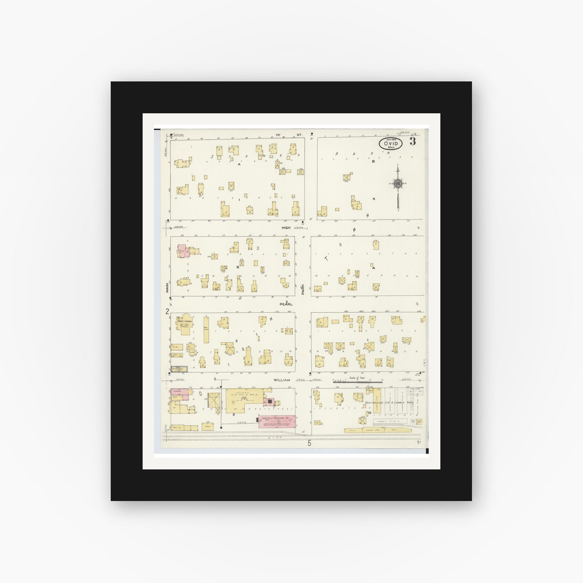 Old map wall art mockup — black gallery frame with white mat — Sanborn Fire Insurance Map from Ovid, Clinton County, Michigan (1910), Sheet #0003