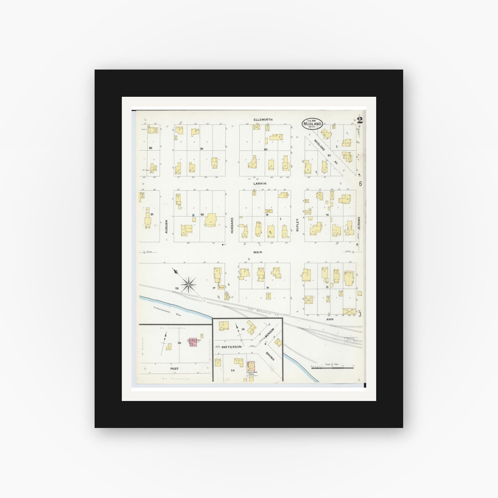 Old map wall art mockup — black gallery frame with white mat — Sanborn Fire Insurance Map from Midland, Midland County, Michigan (1909), Sheet #0002