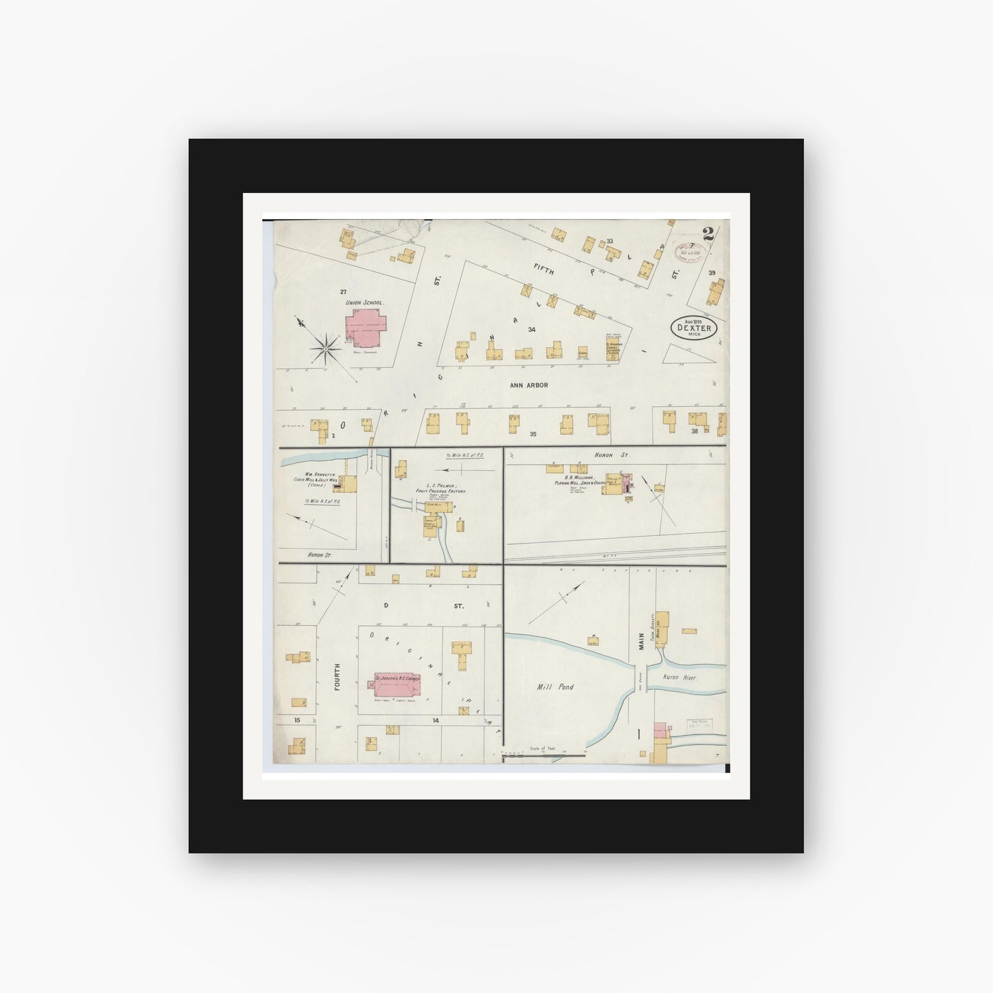 Old map wall art mockup — black gallery frame with white mat — Sanborn Fire Insurance Map from Dexter, Washtenaw County, Michigan (1899), Sheet #0002