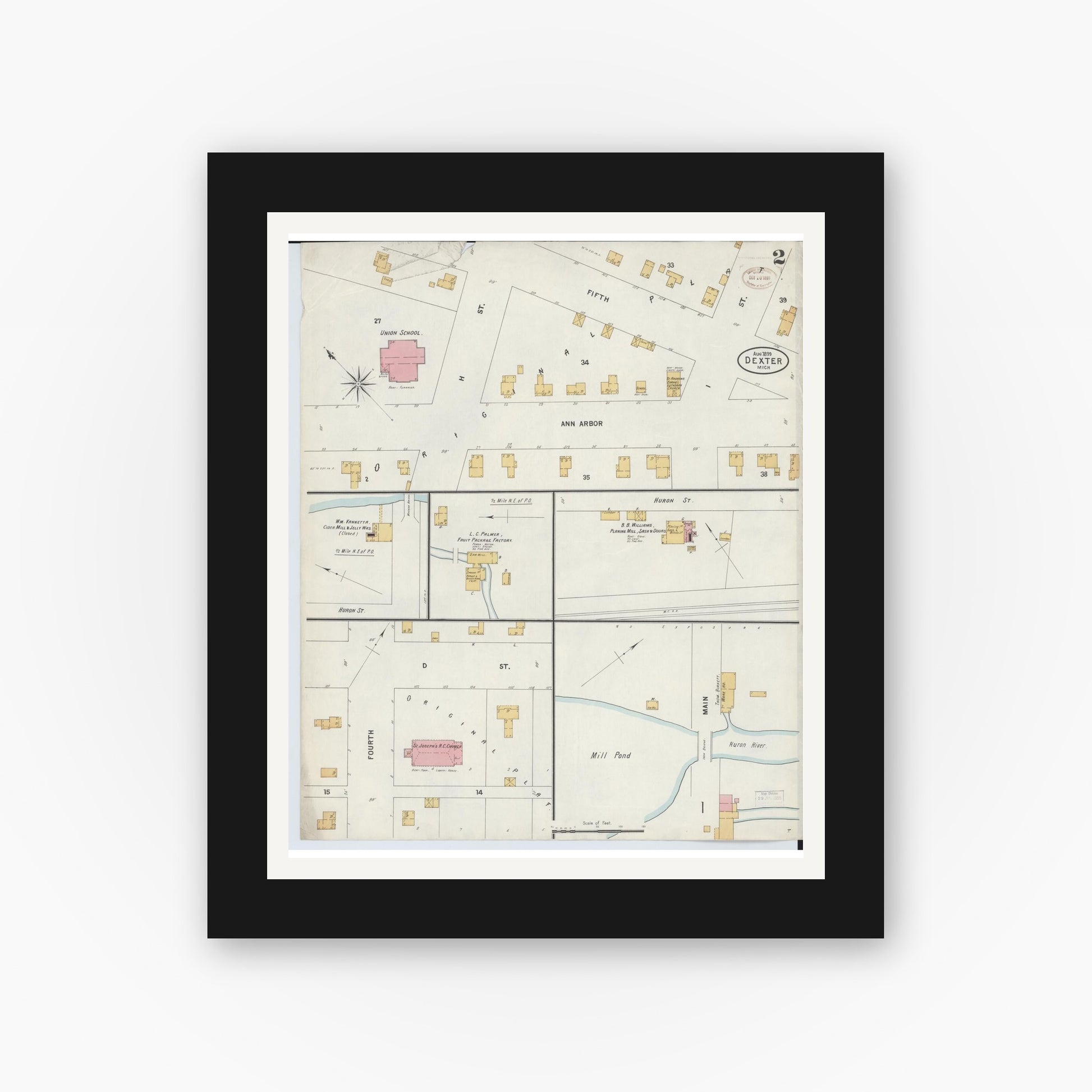 Old map wall art mockup — black gallery frame with white mat — Sanborn Fire Insurance Map from Dexter, Washtenaw County, Michigan (1899), Sheet #0002