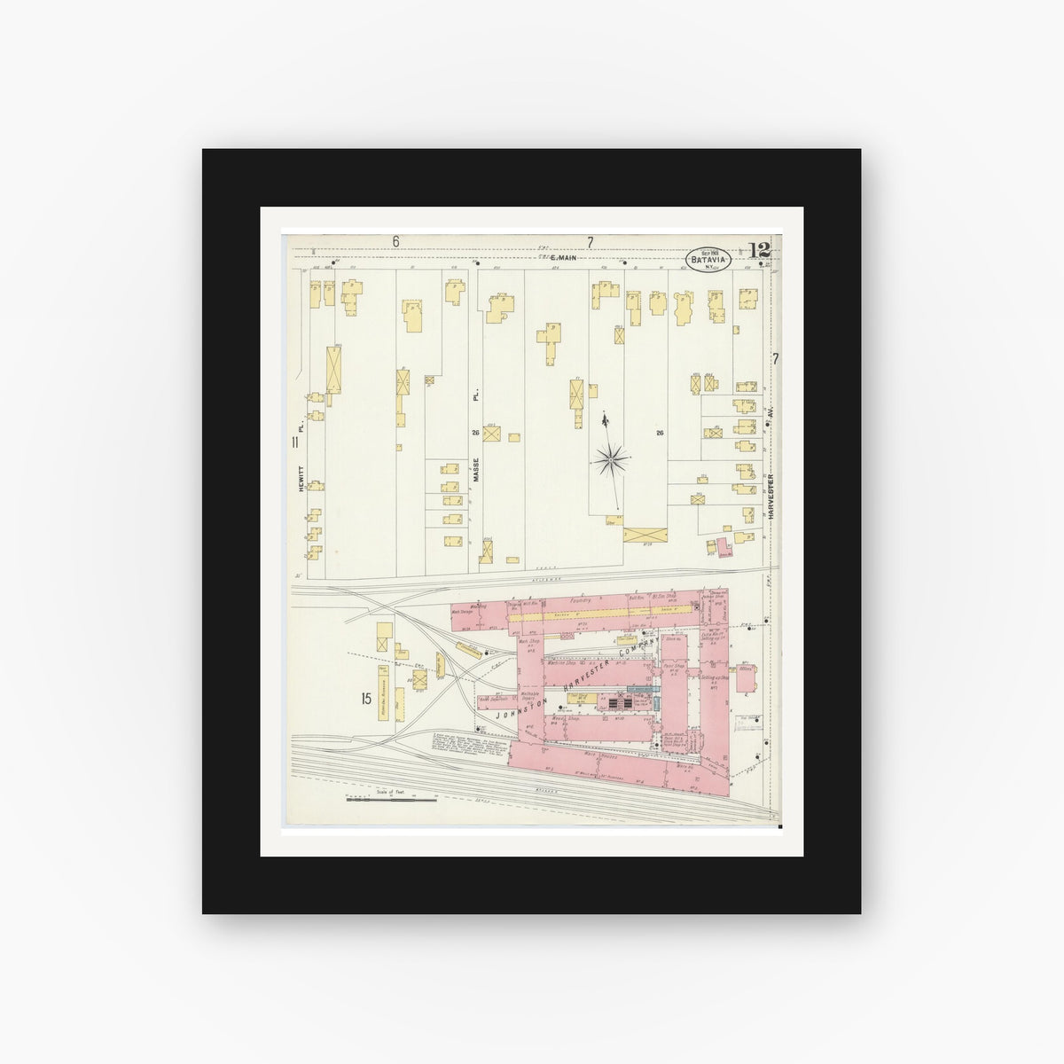 Old map wall art mockup — black gallery frame with white mat — Sanborn Fire Insurance Map from Batavia, Genesee County, New York (1901), Sheet #0012