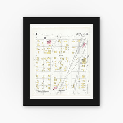 Old map wall art mockup — black gallery frame with white mat — Sanborn Fire Insurance Map from Pekin, Tazewell County, Illinois (1925), Sheet #0011