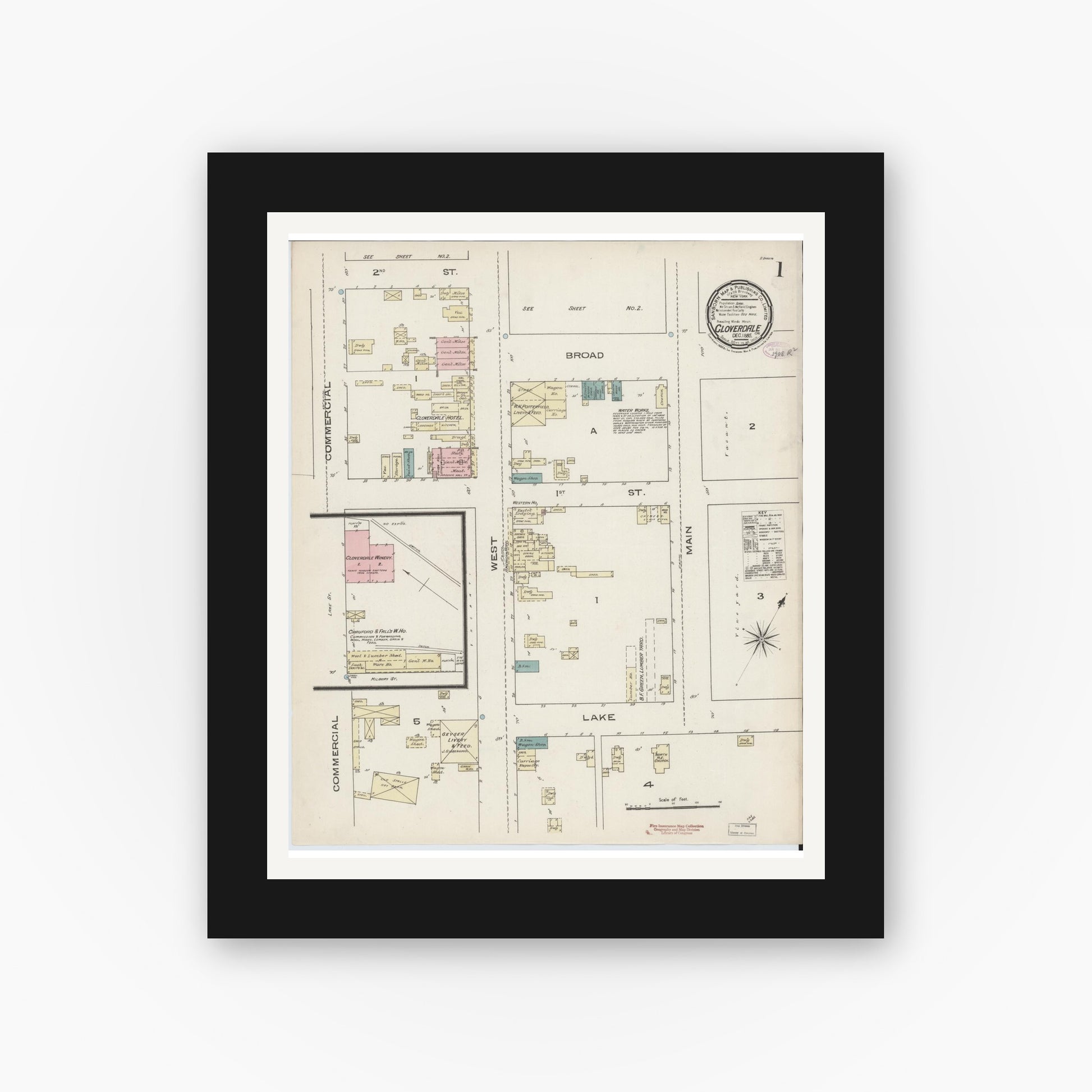 Old map wall art mockup — black gallery frame with white mat — Sanborn Fire Insurance Map from Cloverdale, Sonoma County, California (1885), Sheet #0001