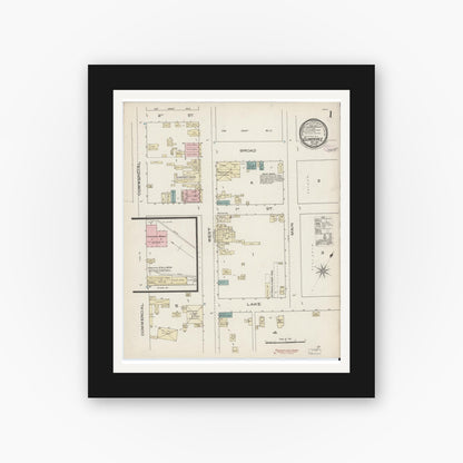 Old map wall art mockup — black gallery frame with white mat — Sanborn Fire Insurance Map from Cloverdale, Sonoma County, California (1885), Sheet #0001