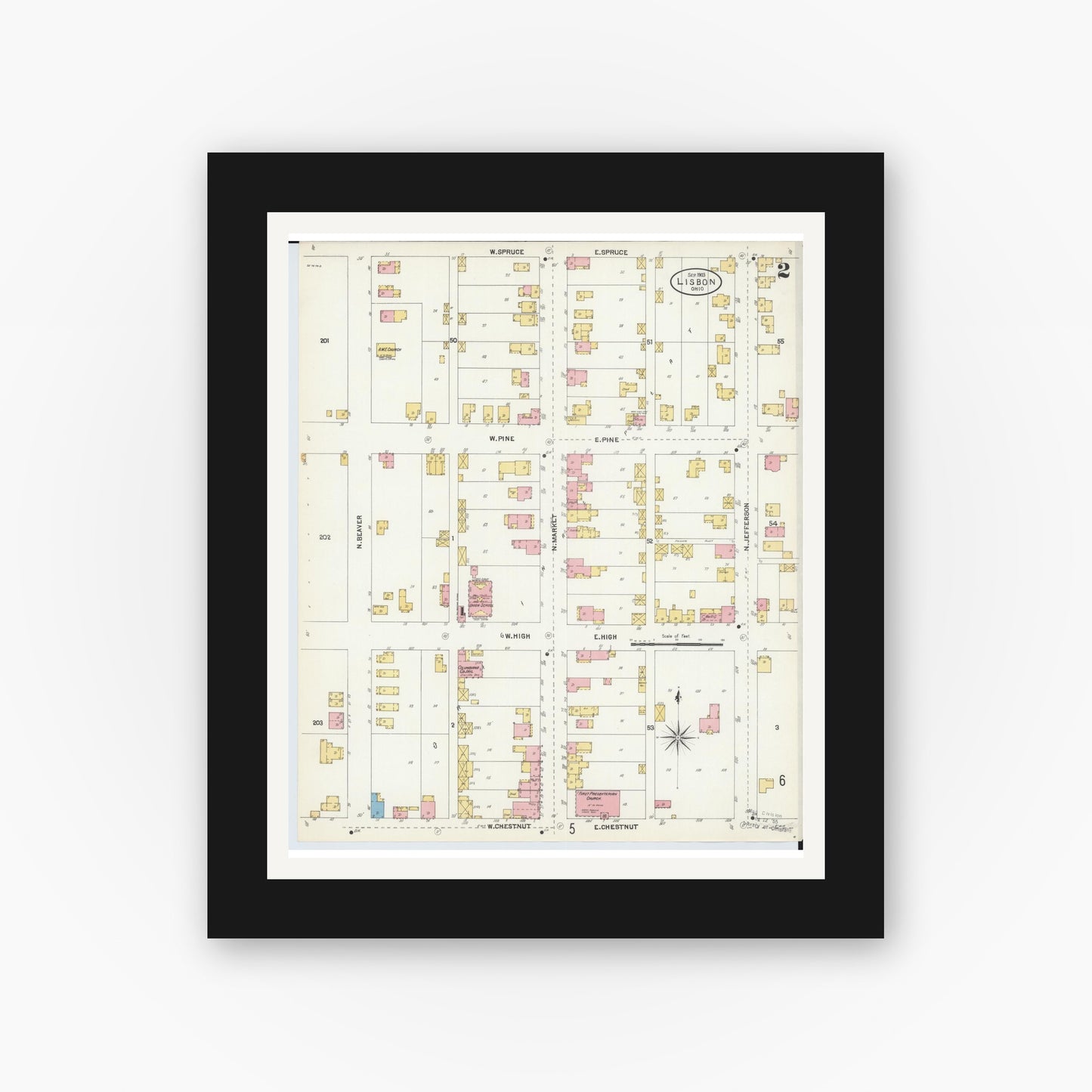 Old map wall art mockup — black gallery frame with white mat — Sanborn Fire Insurance Map from Lisbon, Columbiana County, Ohio (1903), Sheet #0002
