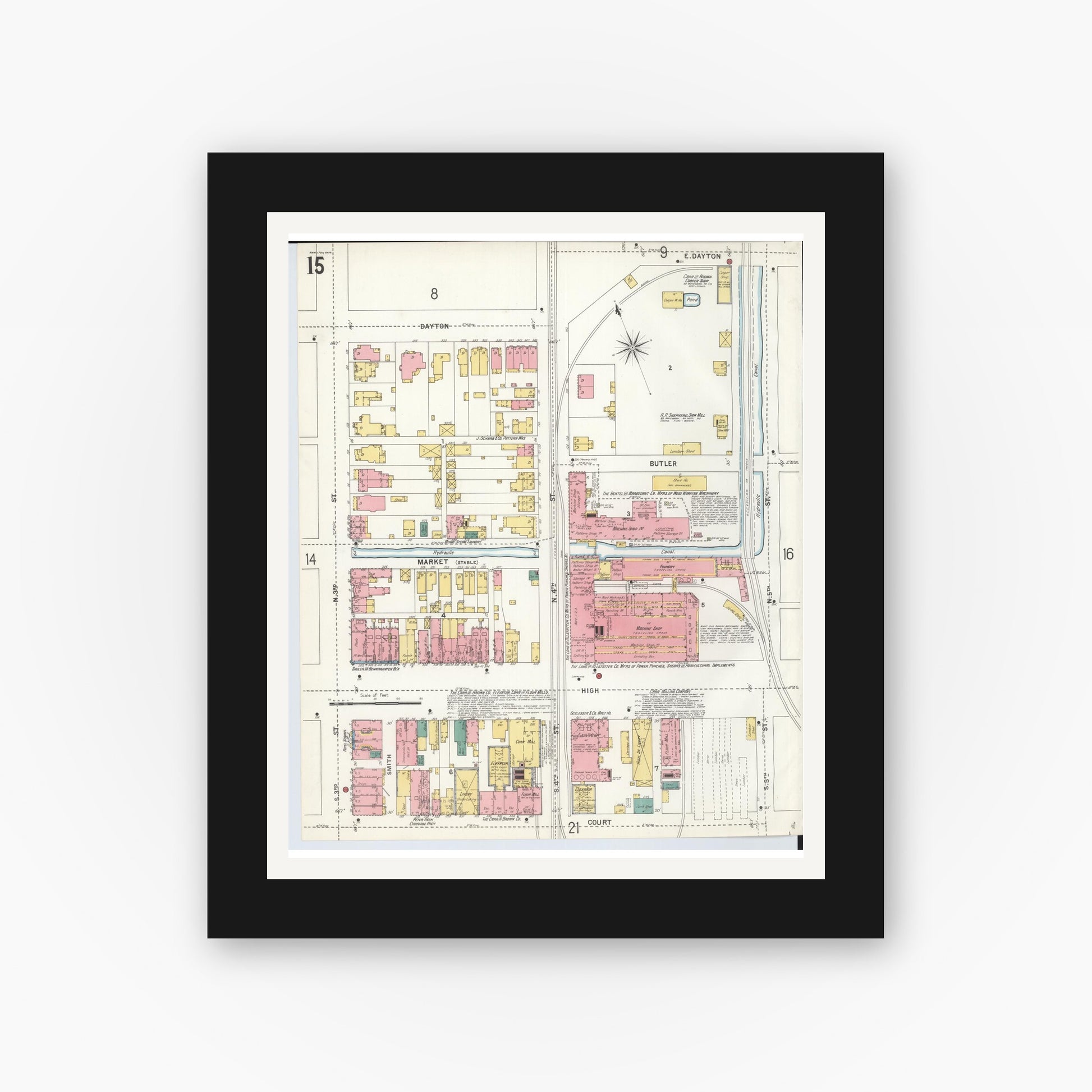 Old map wall art mockup — black gallery frame with white mat — Sanborn Fire Insurance Map from Hamilton, Butler County, Ohio (1899), Sheet #0015