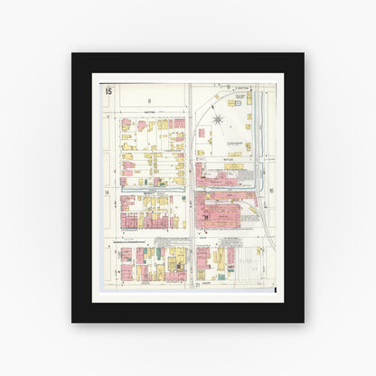 Old map wall art mockup — black gallery frame with white mat — Sanborn Fire Insurance Map from Hamilton, Butler County, Ohio (1899), Sheet #0015