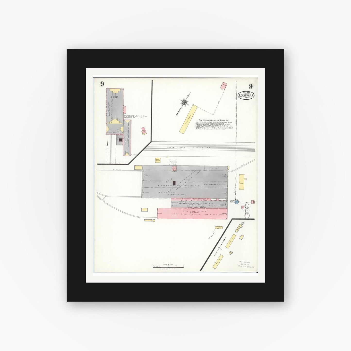 Old map wall art mockup — black gallery frame with white mat — Sanborn Fire Insurance Map from Louisville, Stark County, Ohio (1923), Sheet #0009