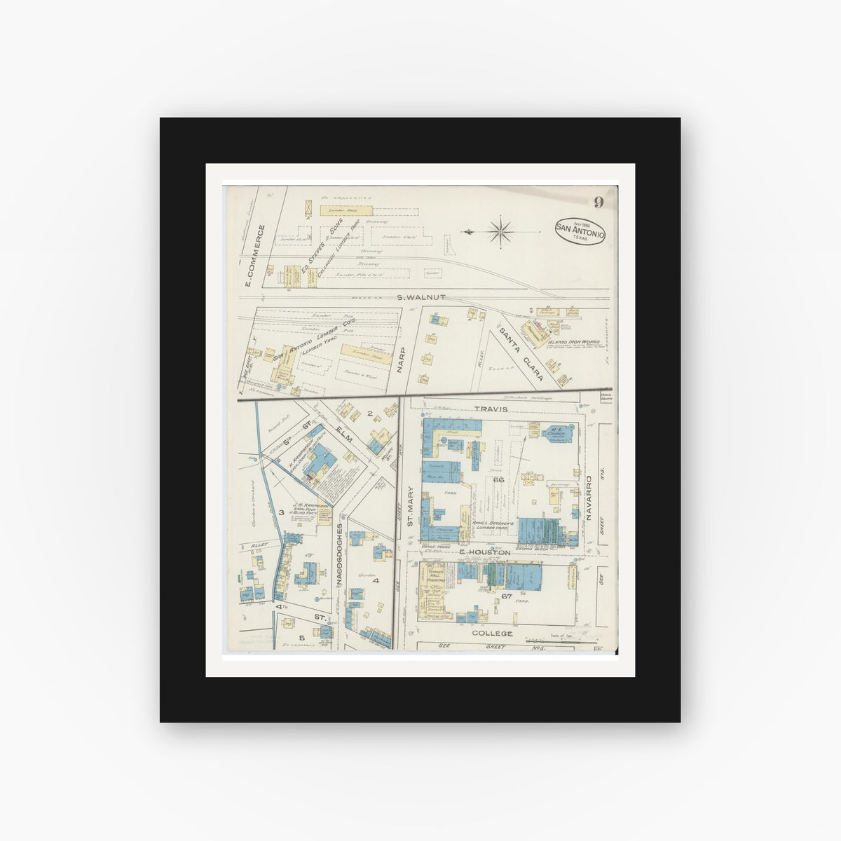 Old map wall art mockup — black gallery frame with white mat — Sanborn Fire Insurance Map from San Antonio, Bexar County, Texas (1885), Sheet #0009