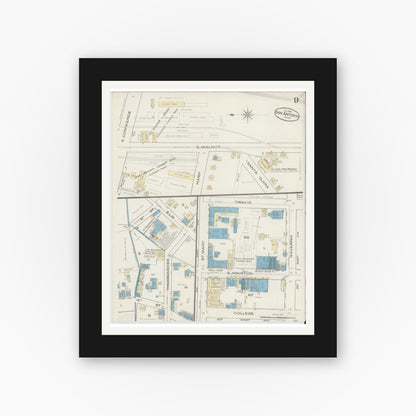Old map wall art mockup — black gallery frame with white mat — Sanborn Fire Insurance Map from San Antonio, Bexar County, Texas (1885), Sheet #0009