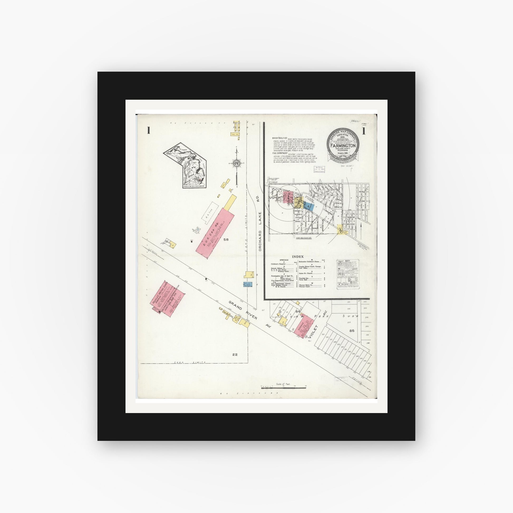 Old map wall art mockup — black gallery frame with white mat — Sanborn Fire Insurance Map from Farmington, Oakland County, Michigan (1926), Sheet #0001