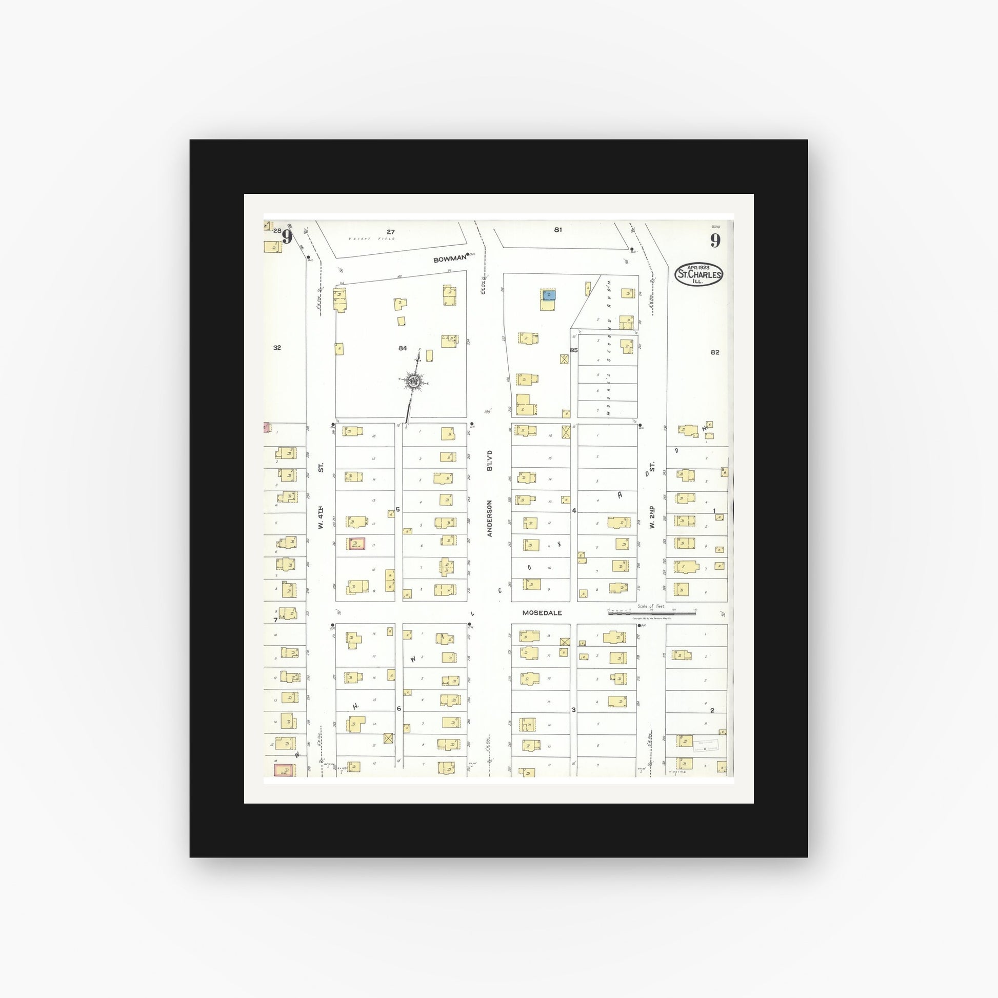 Old map wall art mockup — black gallery frame with white mat — Sanborn Fire Insurance Map from Saint Charles, Kane County, Illinois (1923), Sheet #0009