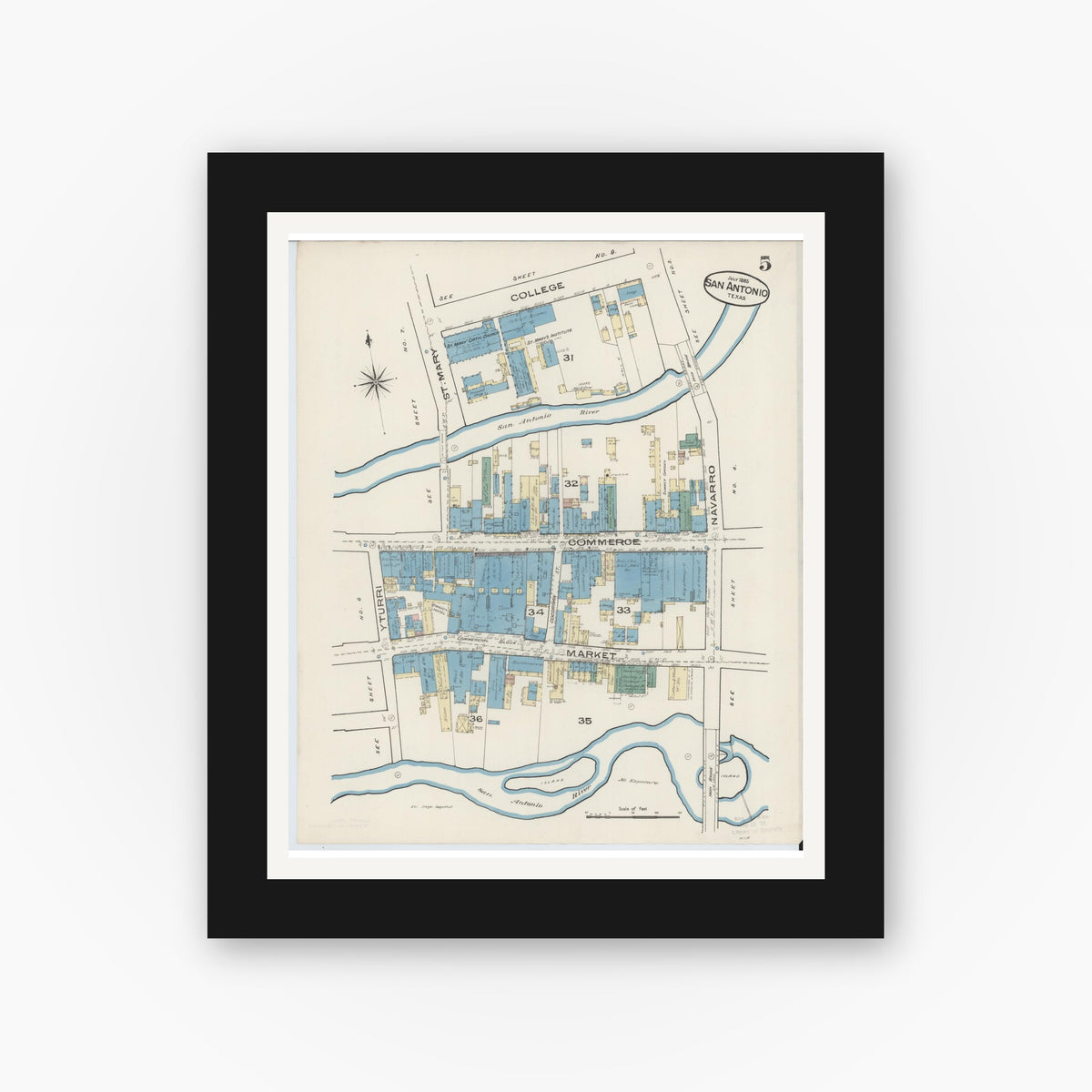 Old map wall art mockup — black gallery frame with white mat — Sanborn Fire Insurance Map from San Antonio, Bexar County, Texas (1885), Sheet #0005