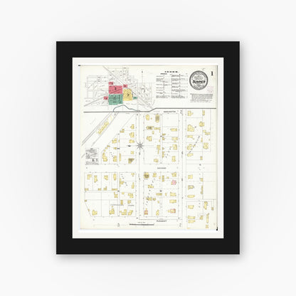 Old map wall art mockup — black gallery frame with white mat — Sanborn Fire Insurance Map from Sumner, Bremer County, Iowa (1905), Sheet #0001