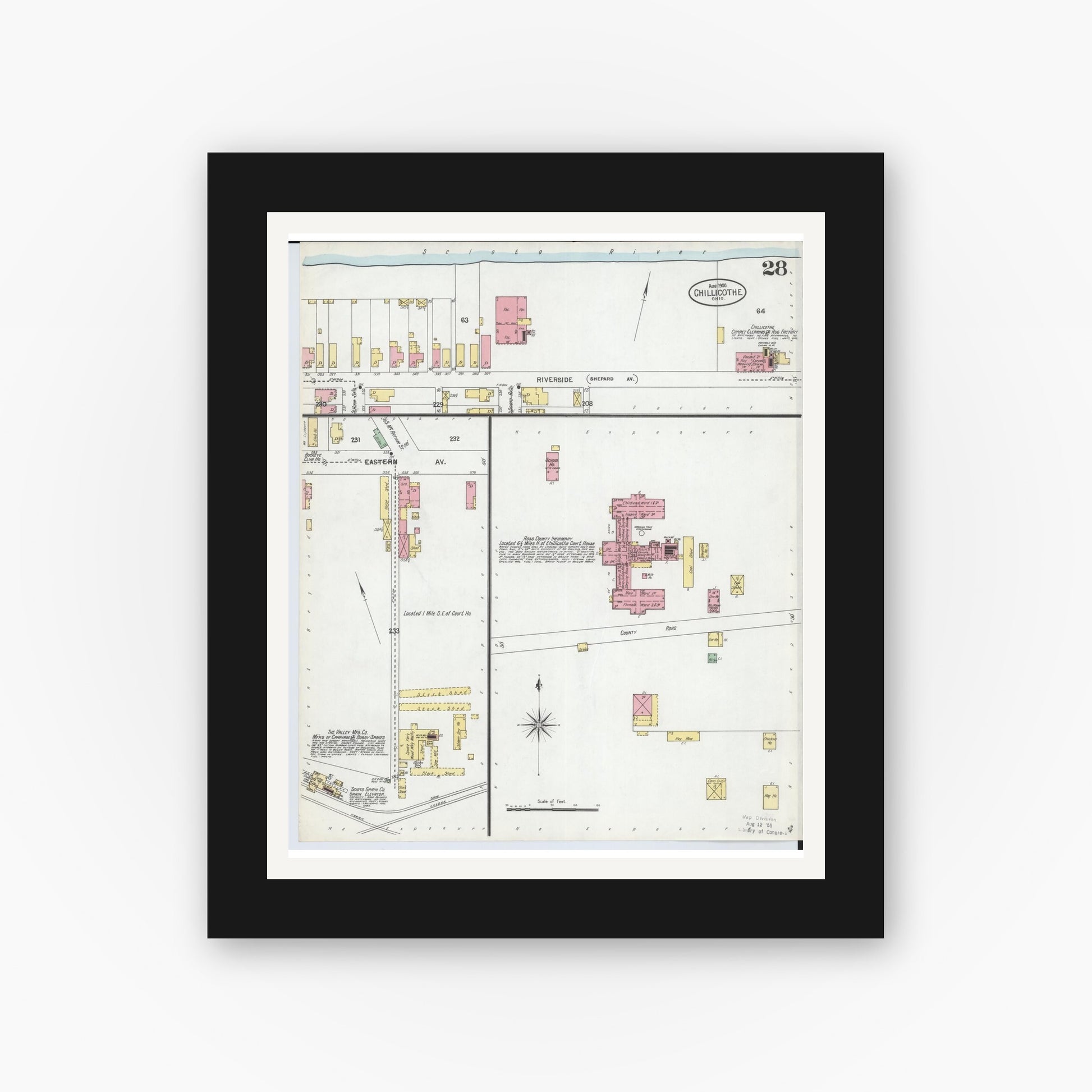Old map wall art mockup — black gallery frame with white mat — Sanborn Fire Insurance Map from Chillicothe, Ross County, Ohio (1900), Sheet #0028