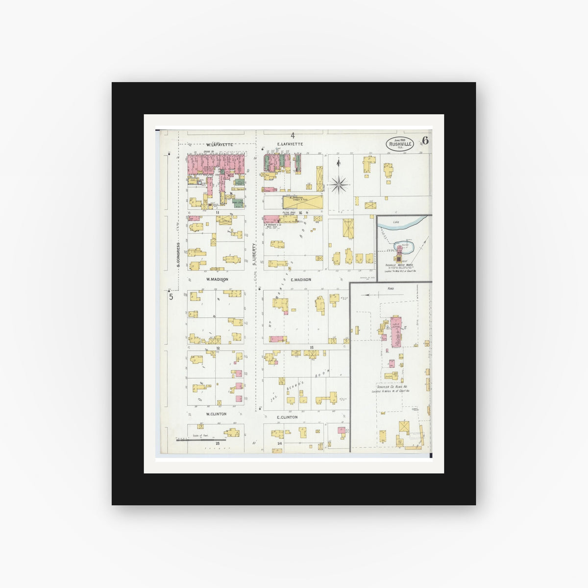 Old map wall art mockup — black gallery frame with white mat — Sanborn Fire Insurance Map from Rushville, Schuyler County, Illinois (1900), Sheet #0006
