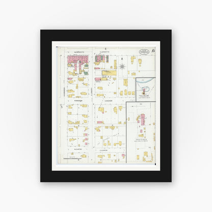 Old map wall art mockup — black gallery frame with white mat — Sanborn Fire Insurance Map from Rushville, Schuyler County, Illinois (1900), Sheet #0006
