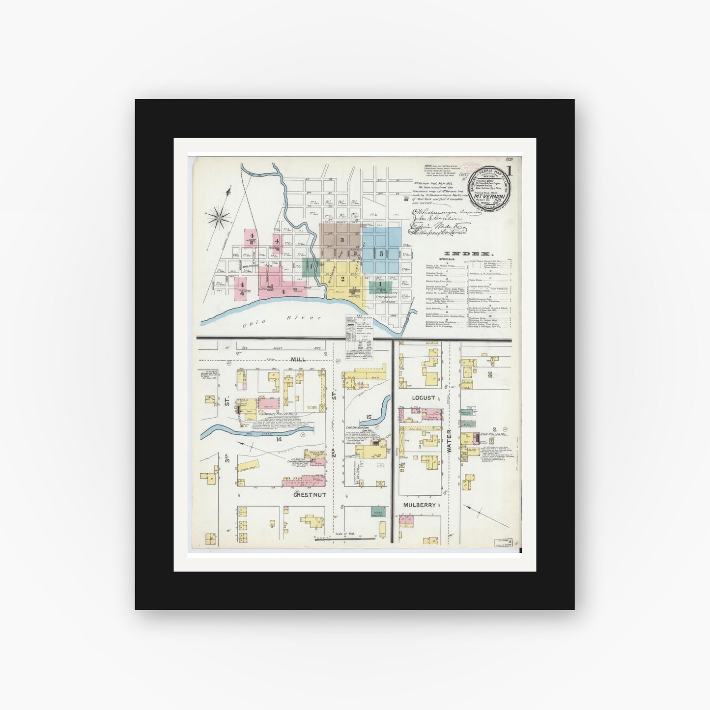 Old map wall art mockup — black gallery frame with white mat — Sanborn Fire Insurance Map from Mount Vernon, Posey County, Indiana (1892) - Complete Map Set