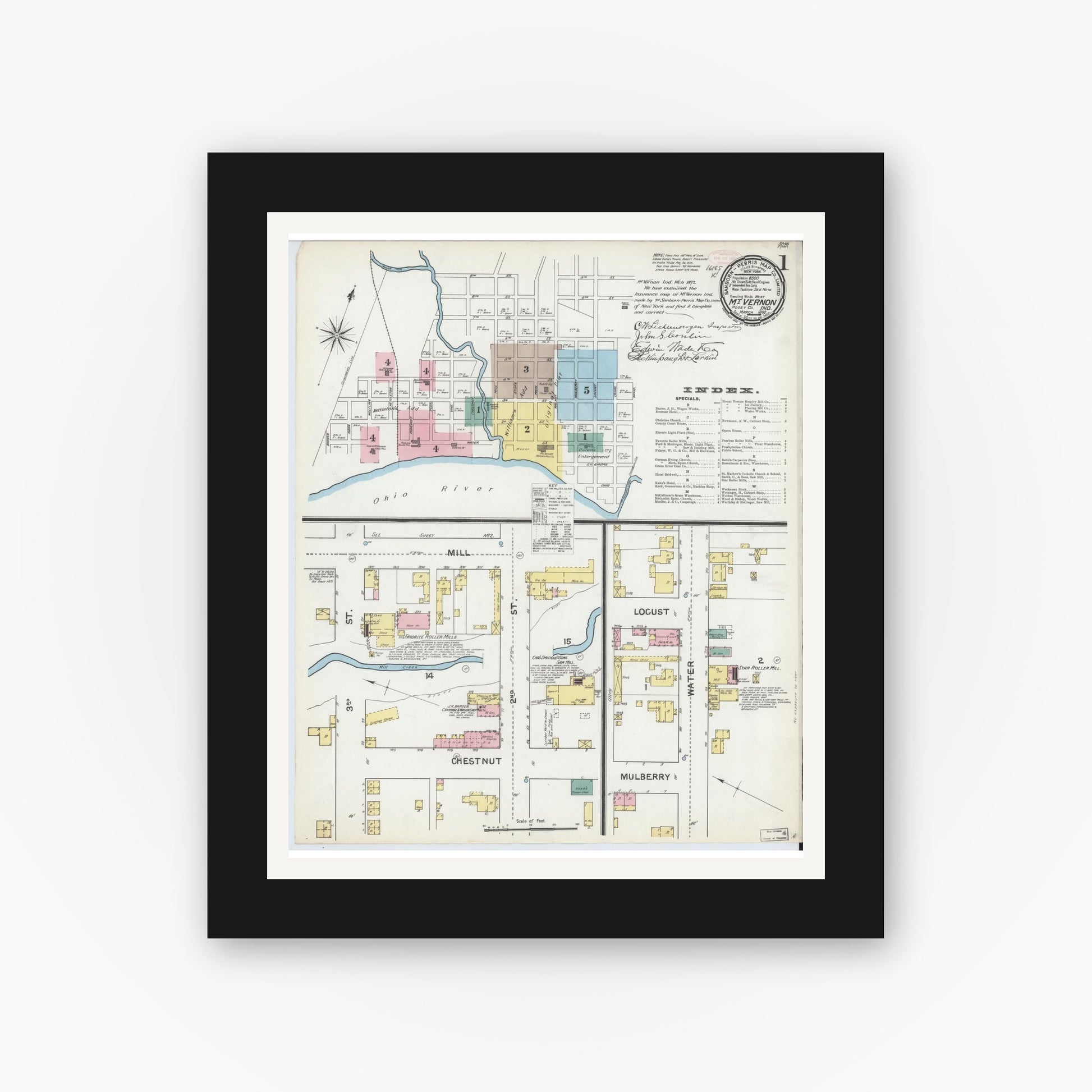 Old map wall art mockup — black gallery frame with white mat — Sanborn Fire Insurance Map from Mount Vernon, Posey County, Indiana (1892) - Complete Map Set