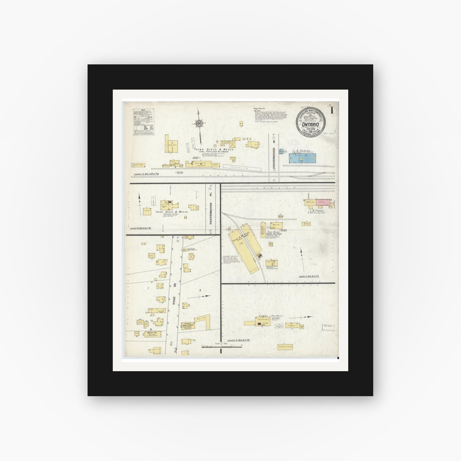 Old map wall art mockup — black gallery frame with white mat — Sanborn Fire Insurance Map from Ontario, Wayne County, New York (1912) - Complete Map Set