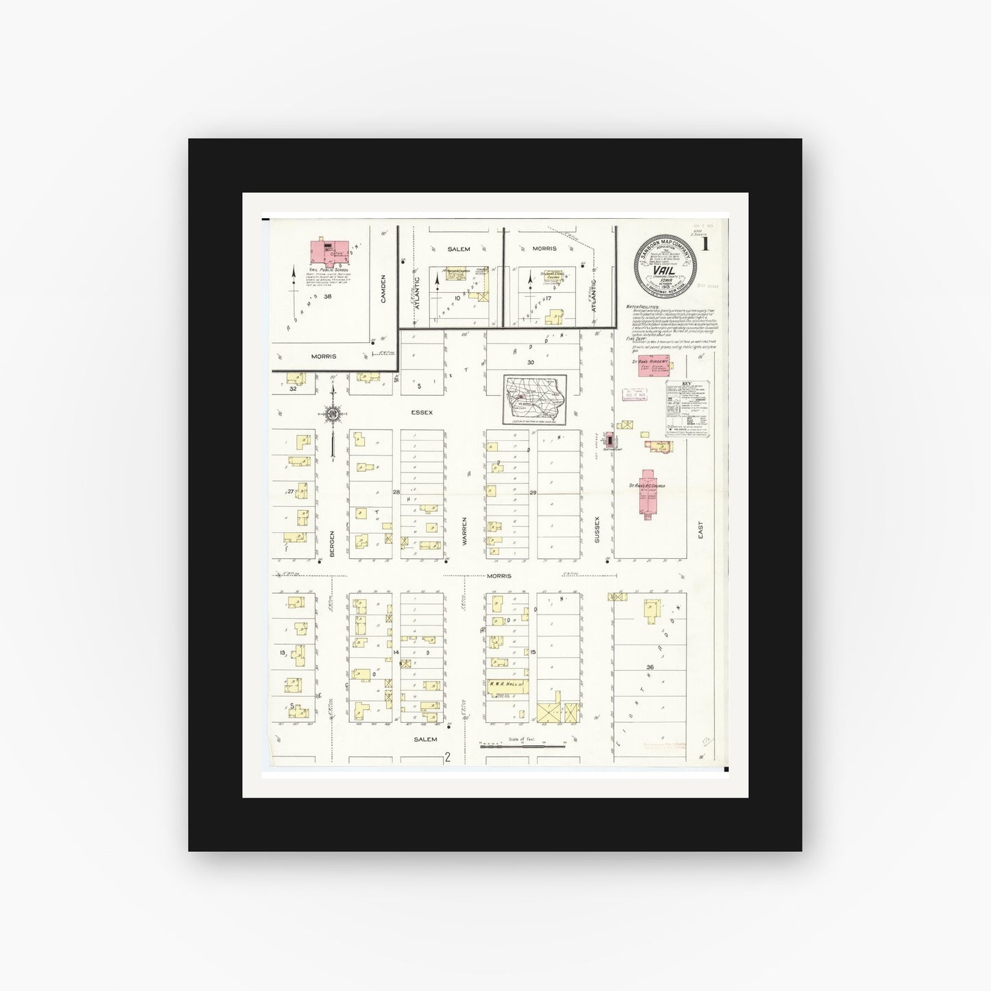 Old map wall art mockup — black gallery frame with white mat — Sanborn Fire Insurance Map from Vail, Crawford County, Iowa (1913), Sheet #0001