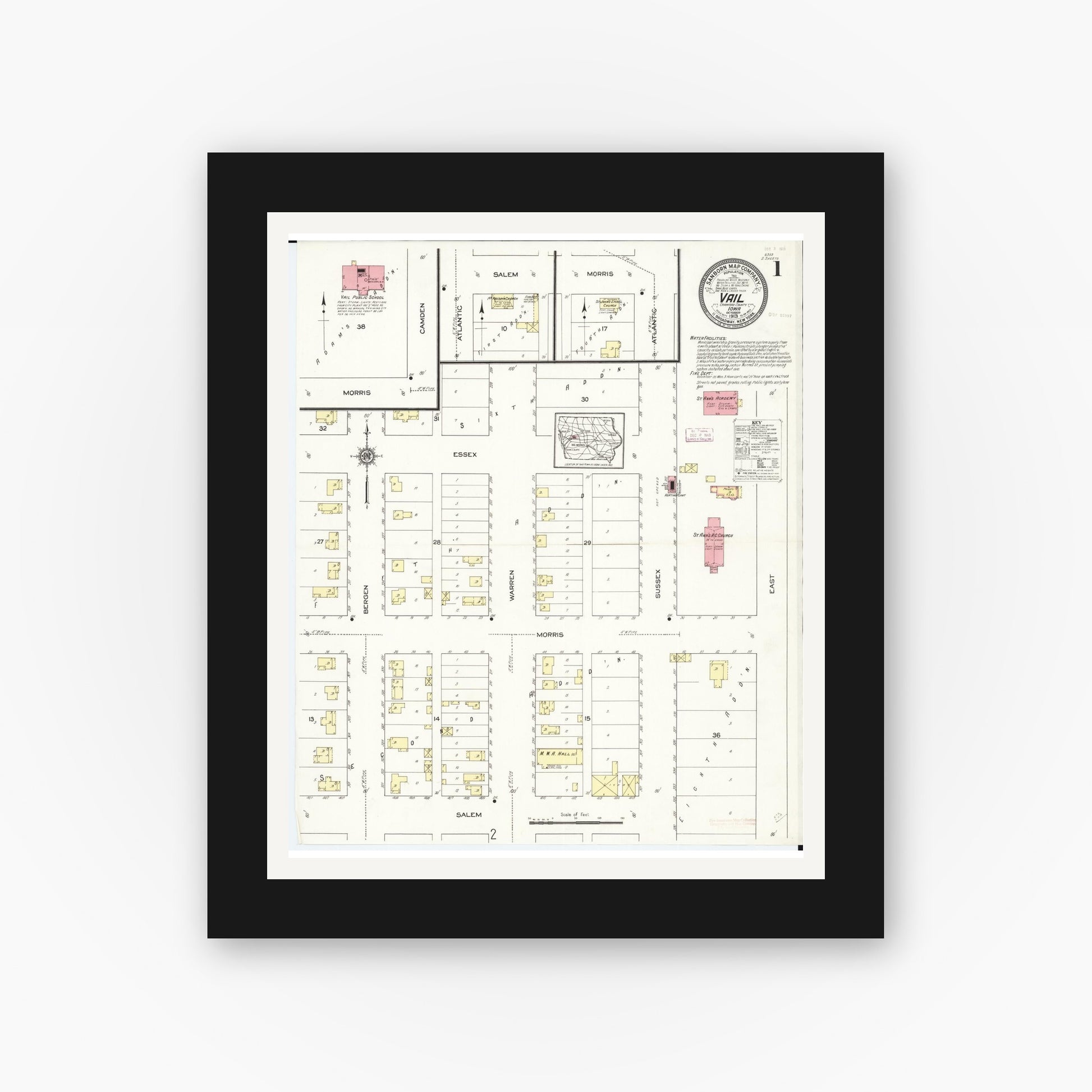 Old map wall art mockup — black gallery frame with white mat — Sanborn Fire Insurance Map from Vail, Crawford County, Iowa (1913), Sheet #0001