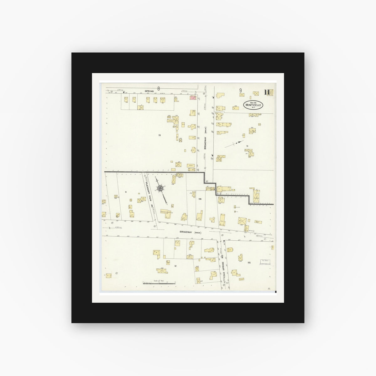 Old map wall art mockup — black gallery frame with white mat — Sanborn Fire Insurance Map from Monticello, Sullivan County, New York (1911), Sheet #0011