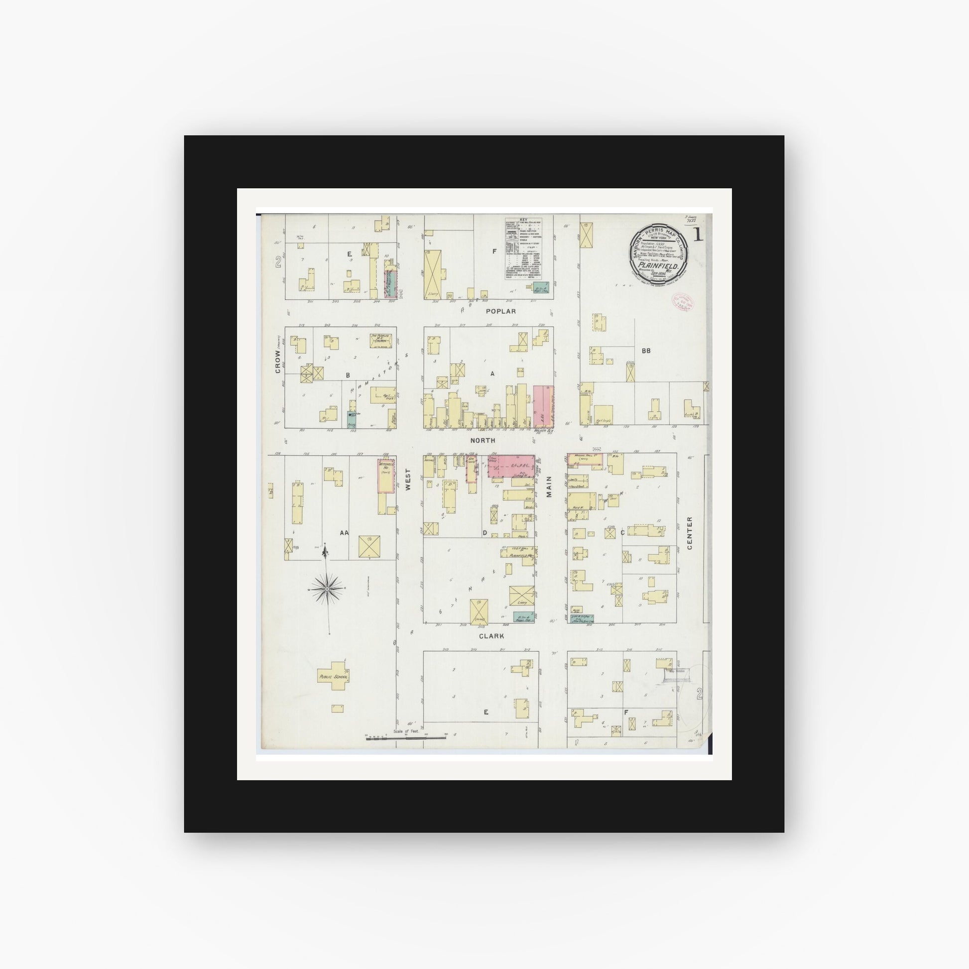 Old map wall art mockup — black gallery frame with white mat — Sanborn Fire Insurance Map from Plainfield, Waushara County, Wisconsin (1894), Sheet #0001