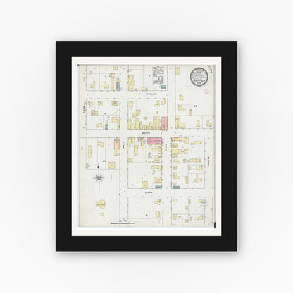 Old map wall art mockup — black gallery frame with white mat — Sanborn Fire Insurance Map from Plainfield, Waushara County, Wisconsin (1894), Sheet #0001