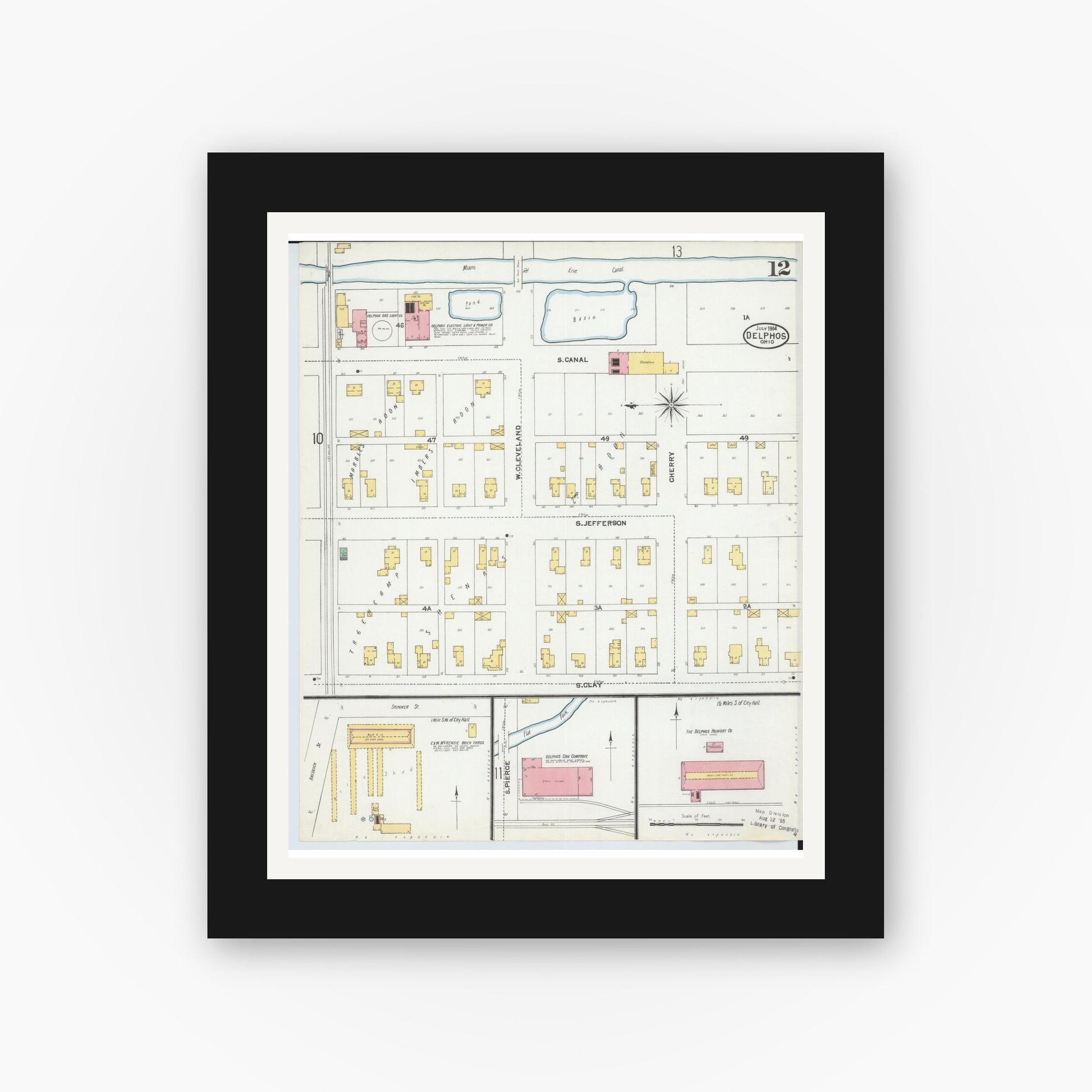 Old map wall art mockup — black gallery frame with white mat — Sanborn Fire Insurance Map from Delphos, Van Wert And Allen Counties, Ohio (1904), Sheet #0012