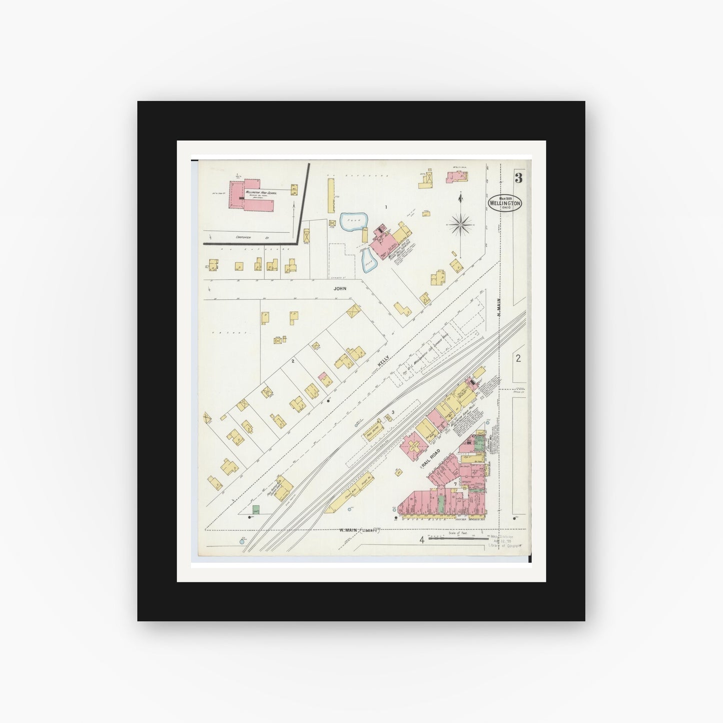 Old map wall art mockup — black gallery frame with white mat — Sanborn Fire Insurance Map from Wellington, Lorain County, Ohio (1899), Sheet #0003