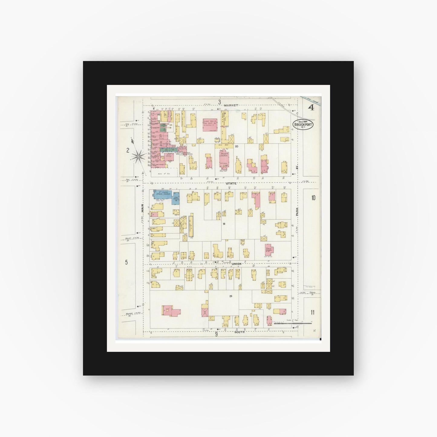 Old map wall art mockup — black gallery frame with white mat — Sanborn Fire Insurance Map from Brockport, Monroe County, New York (1904), Sheet #0004