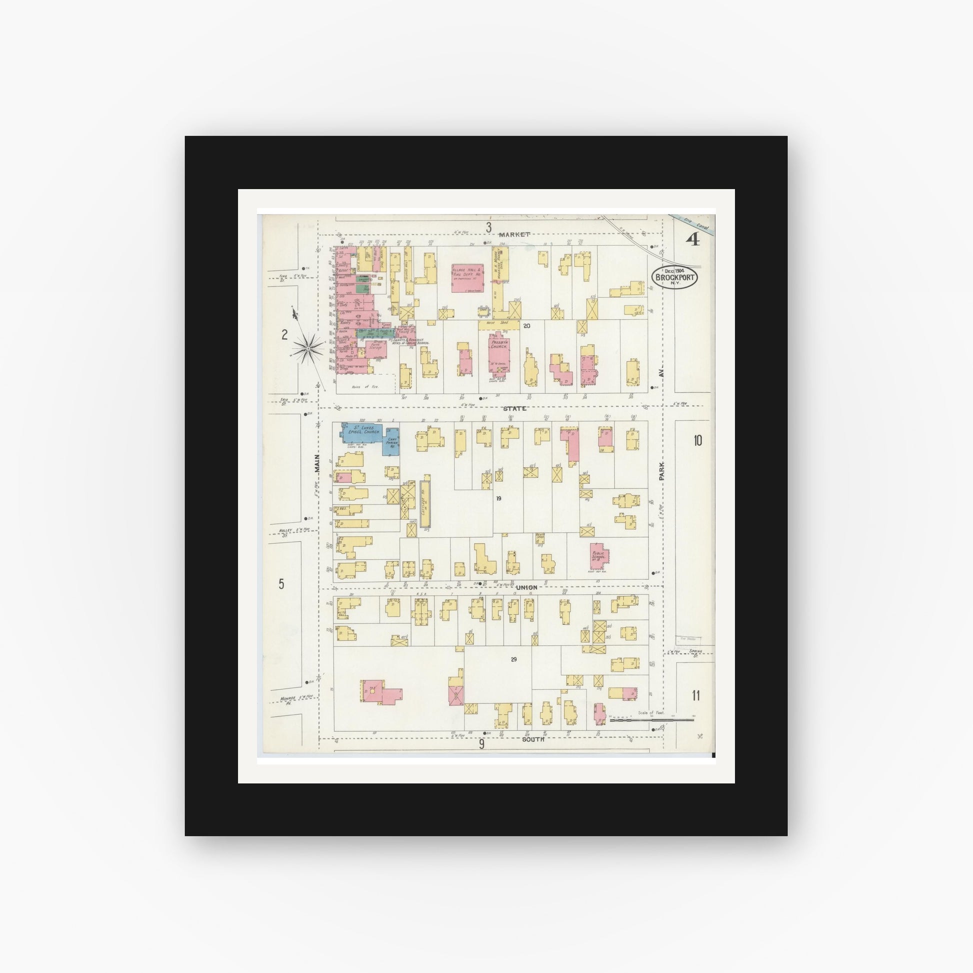 Old map wall art mockup — black gallery frame with white mat — Sanborn Fire Insurance Map from Brockport, Monroe County, New York (1904), Sheet #0004