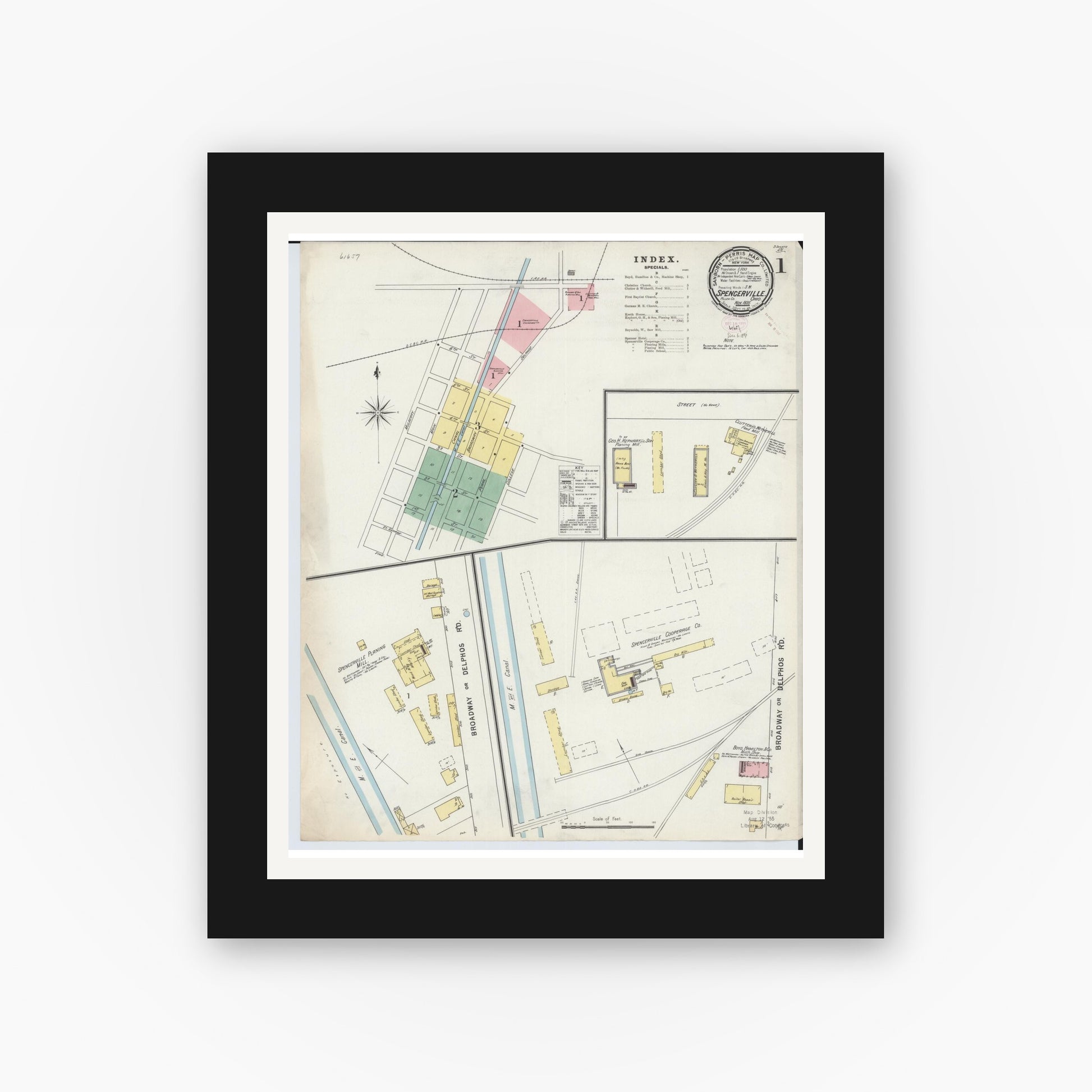 Old map wall art mockup — black gallery frame with white mat — Sanborn Fire Insurance Map from Spencerville, Allen County, Ohio (1895) - Complete Map Set