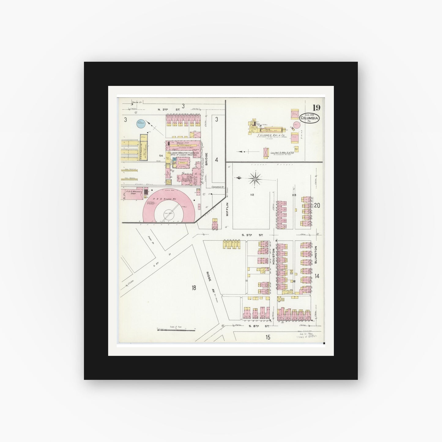 Old map wall art mockup — black gallery frame with white mat — Sanborn Fire Insurance Map from Columbia, Lancaster County, Pennsylvania (1909), Sheet #0019