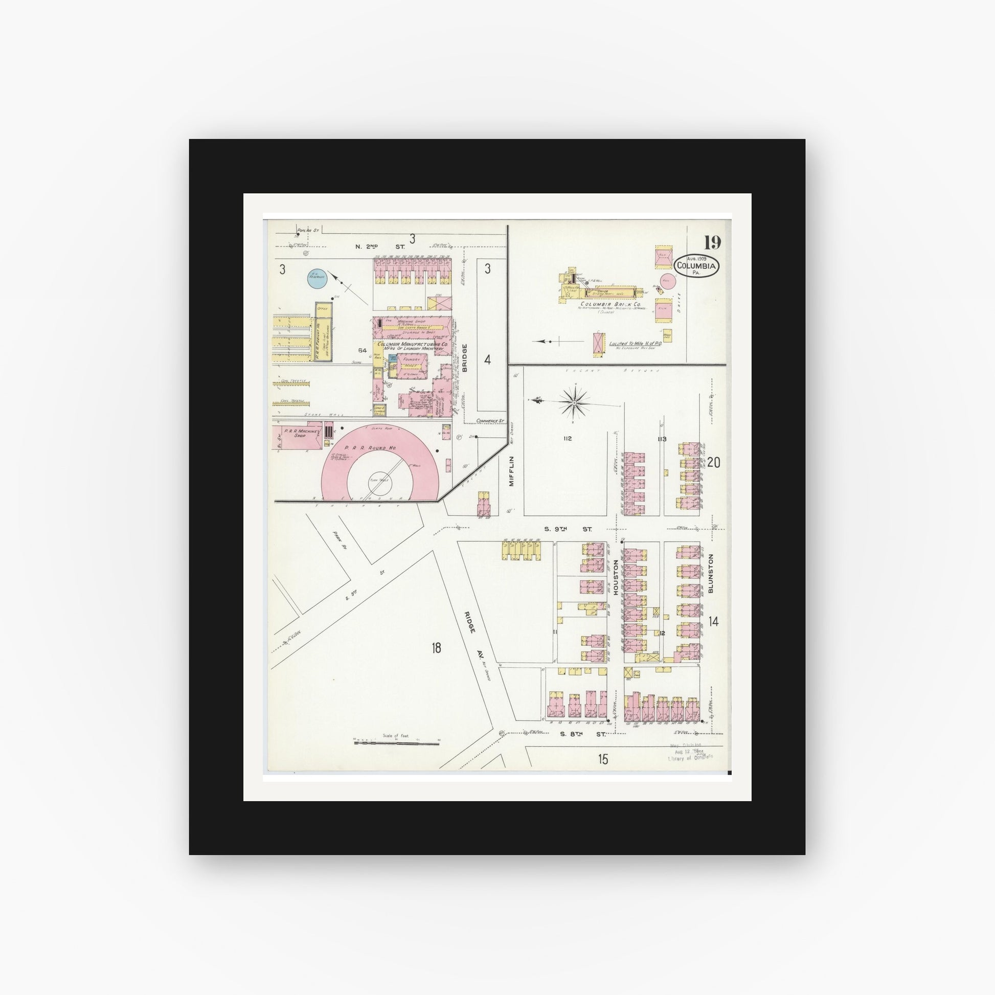 Old map wall art mockup — black gallery frame with white mat — Sanborn Fire Insurance Map from Columbia, Lancaster County, Pennsylvania (1909), Sheet #0019